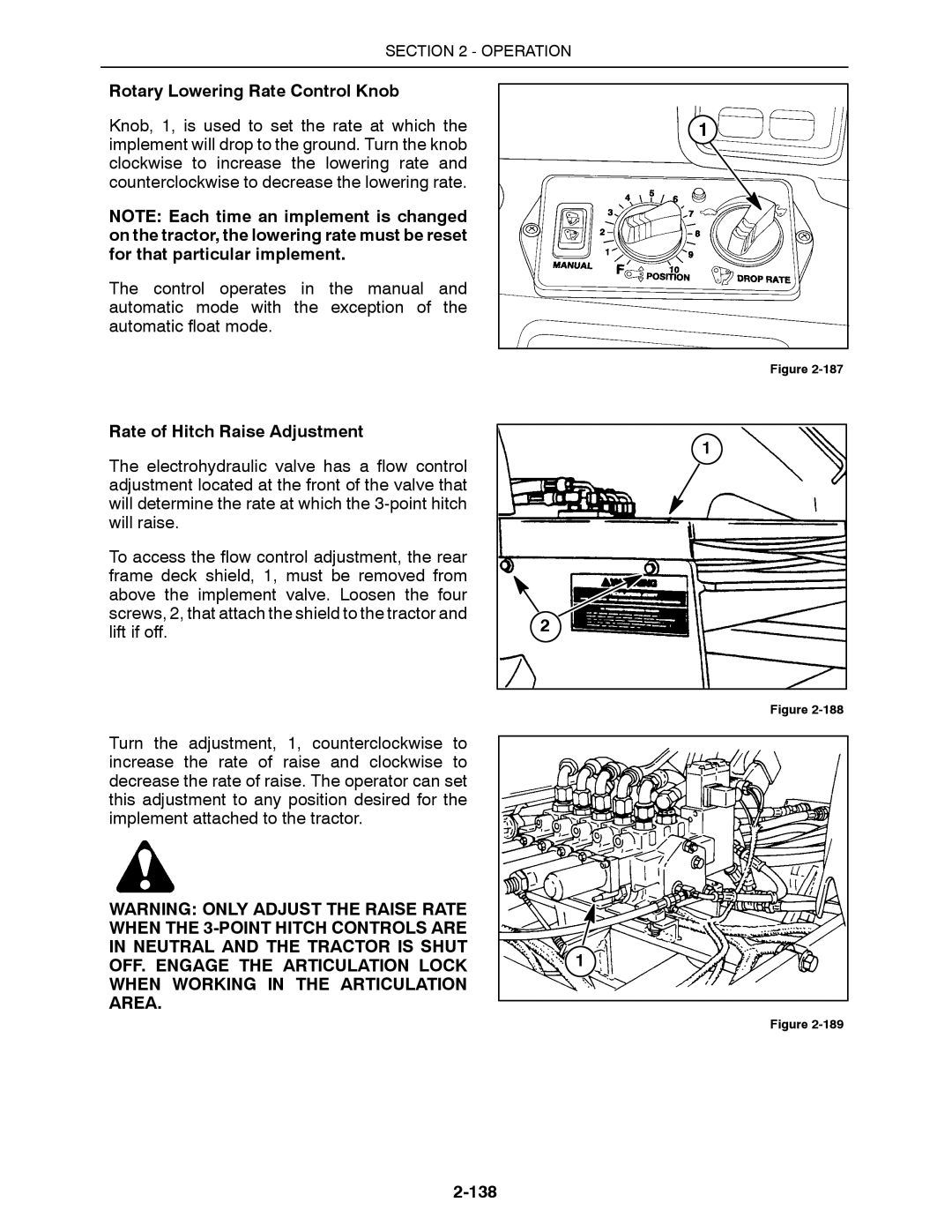 Buhler 2425, 2335, 2290, 2375, 2360 manual Rotary Lowering Rate Control Knob, Rate of Hitch Raise Adjustment, 138 