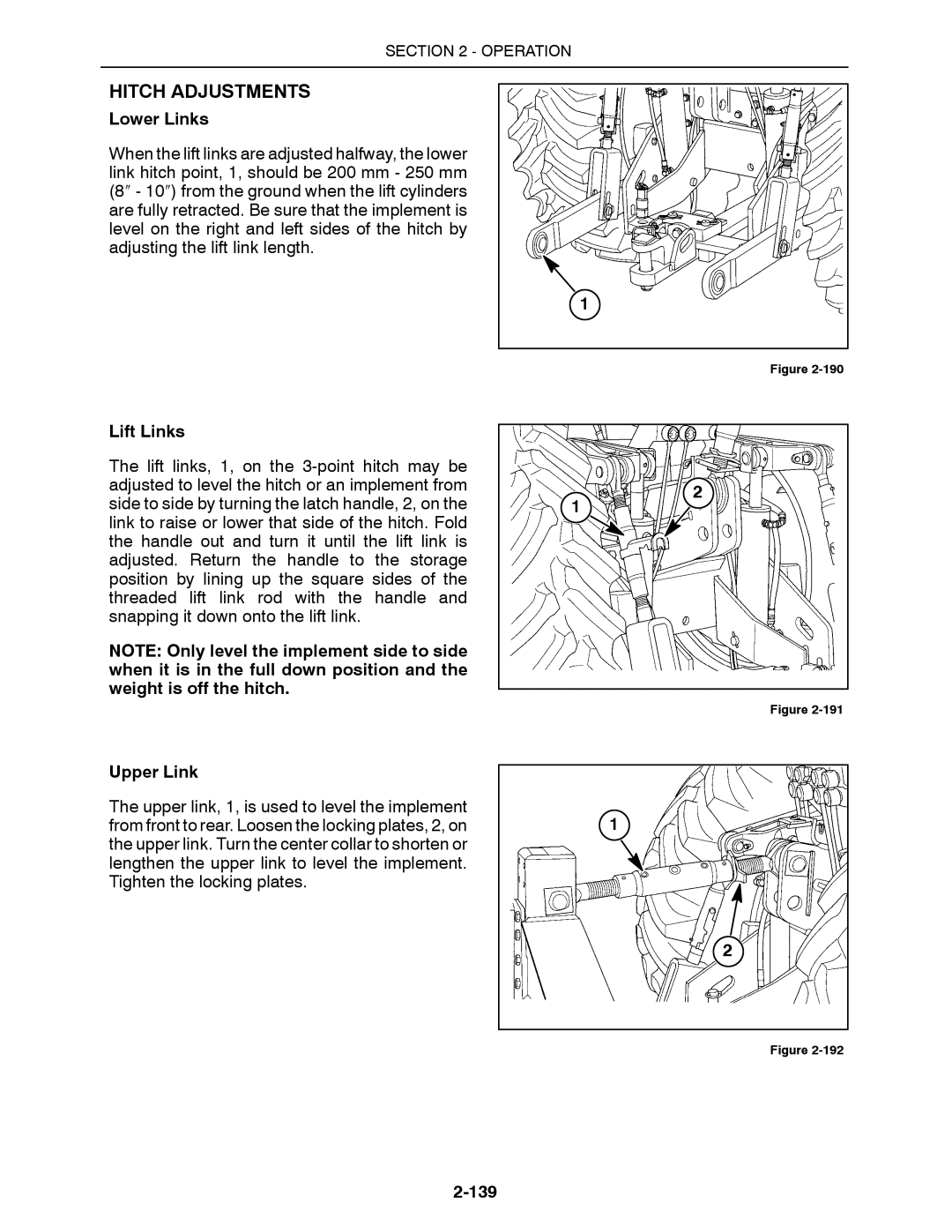 Buhler 2290, 2335, 2425, 2375, 2360 manual Hitch Adjustments, Lower Links, Lift Links, Upper Link, 139 