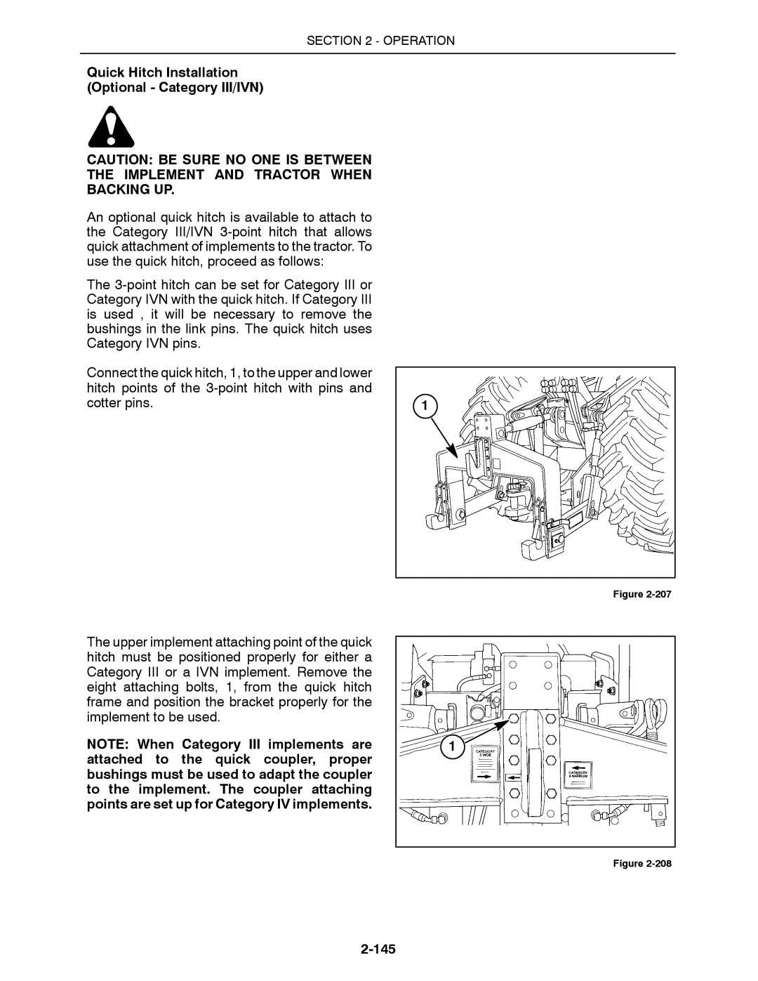 Buhler 2375, 2335, 2425, 2290 Quick Hitch Installation Optional Category III/IVN, Implement and Tractor When Backing UP, 145 