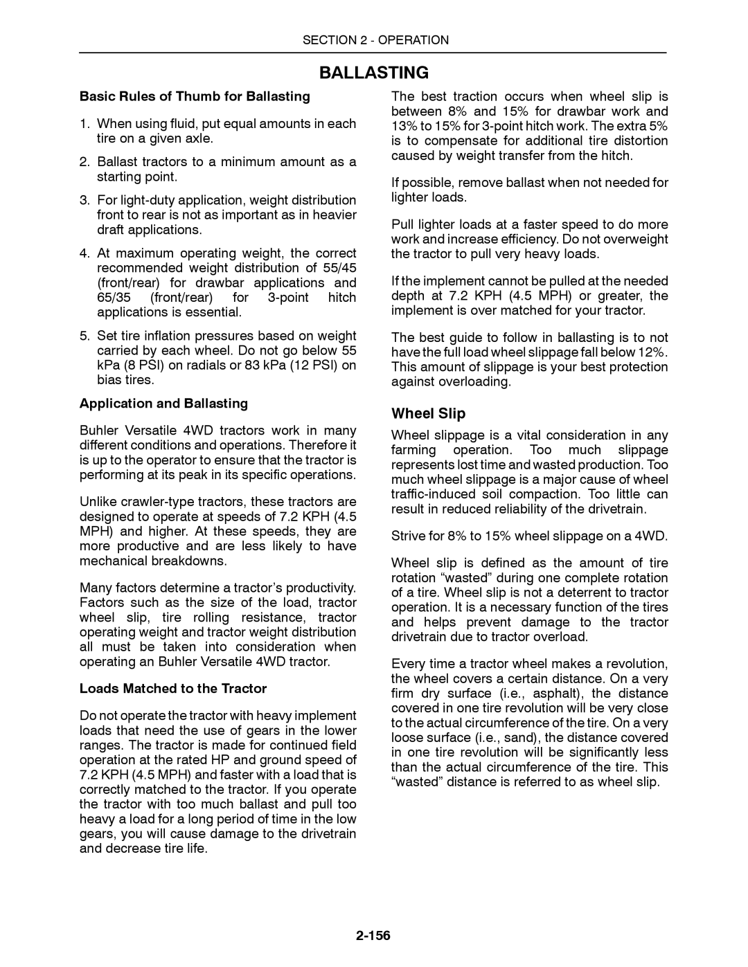 Buhler 2360, 2335 Basic Rules of Thumb for Ballasting, Application and Ballasting, Loads Matched to the Tractor, 156 