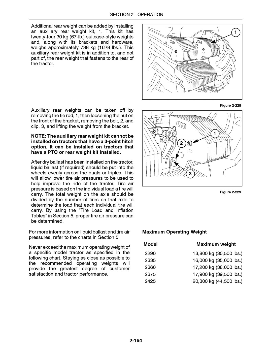 Buhler 2375, 2335, 2425, 2290, 2360 manual Maximum Operating Weight, Maximum weight, 164 