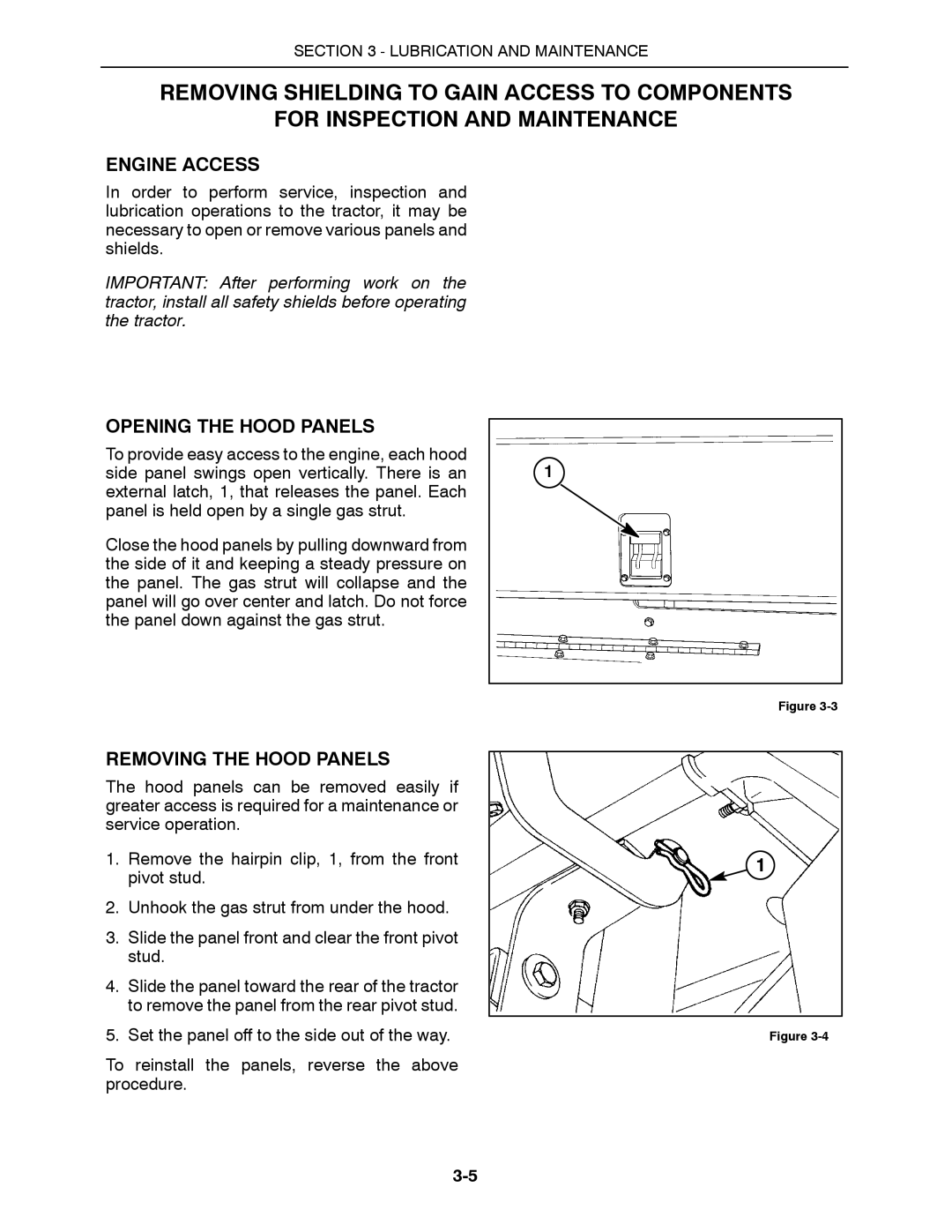 Buhler 2335, 2425, 2290, 2375, 2360 manual Engine Access, Opening the Hood Panels, Removing the Hood Panels 