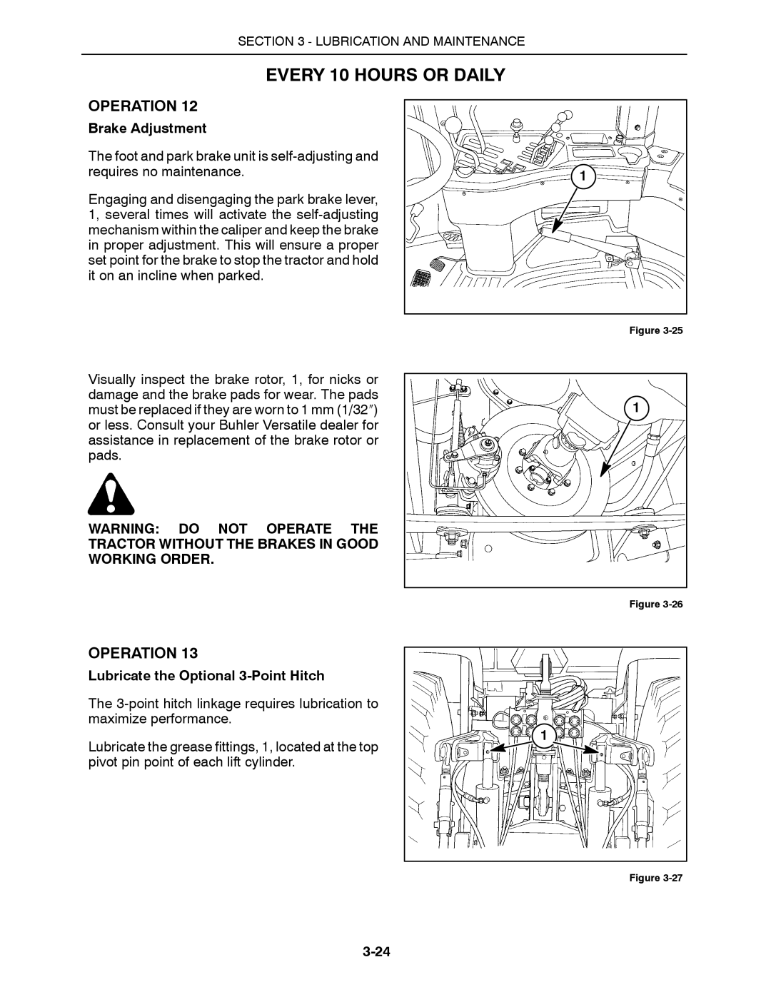 Buhler 2360, 2335, 2425, 2290, 2375 manual Brake Adjustment, Lubricate the Optional 3-Point Hitch 