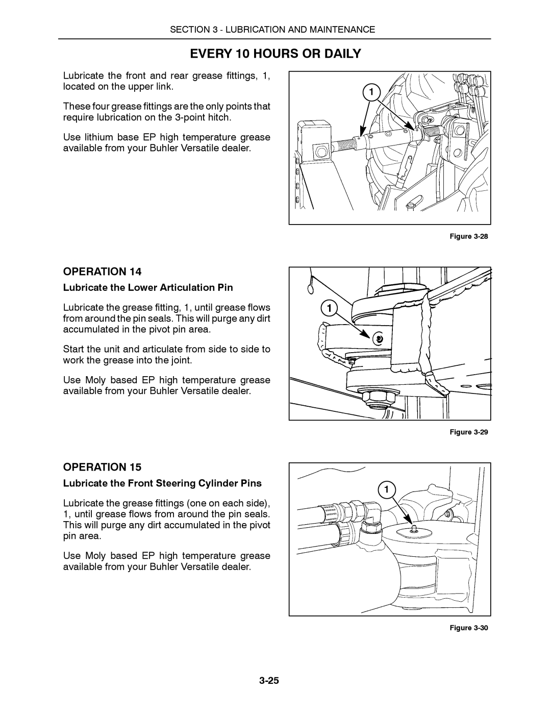 Buhler 2335, 2425, 2290, 2375, 2360 manual Lubricate the Lower Articulation Pin, Lubricate the Front Steering Cylinder Pins 