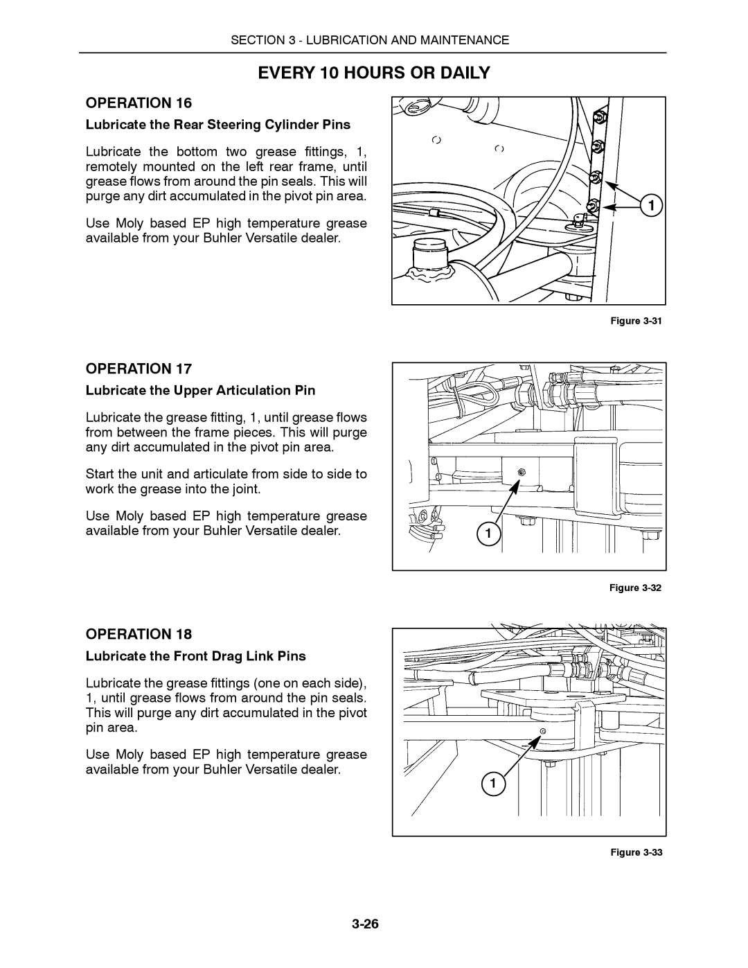 Buhler 2425, 2335, 2290, 2375, 2360 manual Lubricate the Rear Steering Cylinder Pins, Lubricate the Upper Articulation Pin 