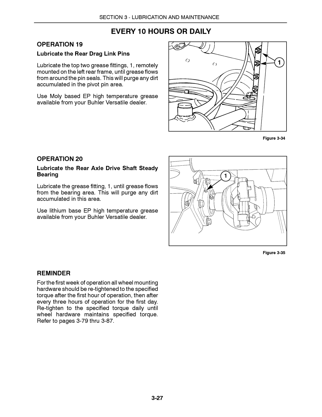 Buhler 2290, 2335, 2425 Reminder, Lubricate the Rear Drag Link Pins, Lubricate the Rear Axle Drive Shaft Steady Bearing 