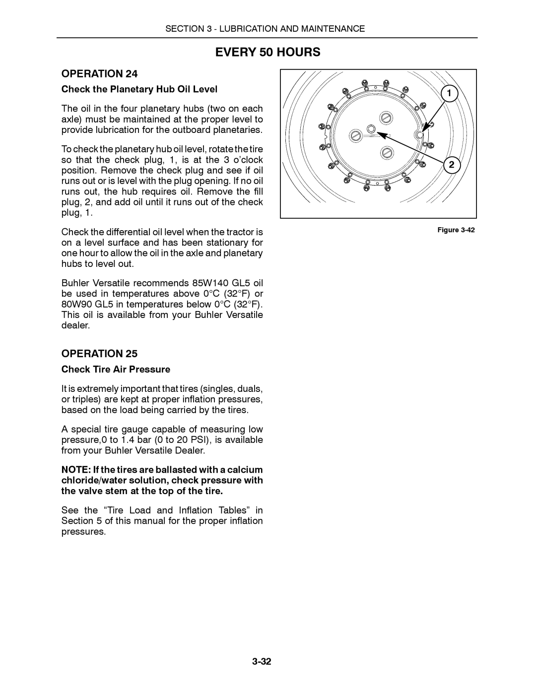 Buhler 2290, 2335, 2425, 2375, 2360 manual Check the Planetary Hub Oil Level, Check Tire Air Pressure 