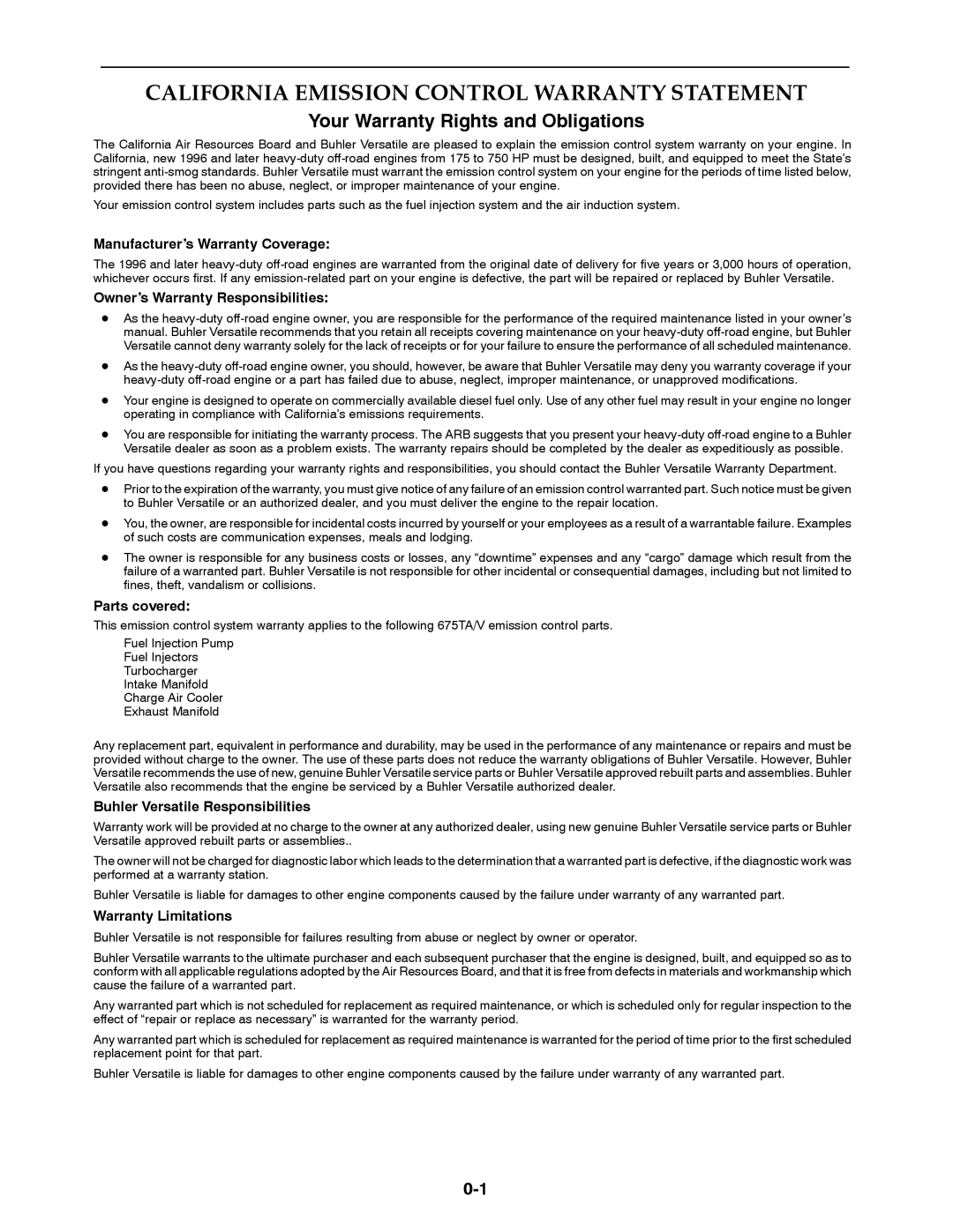 Buhler 2375, 2335, 2425, 2290, 2360 manual California Emission Control Warranty Statement 