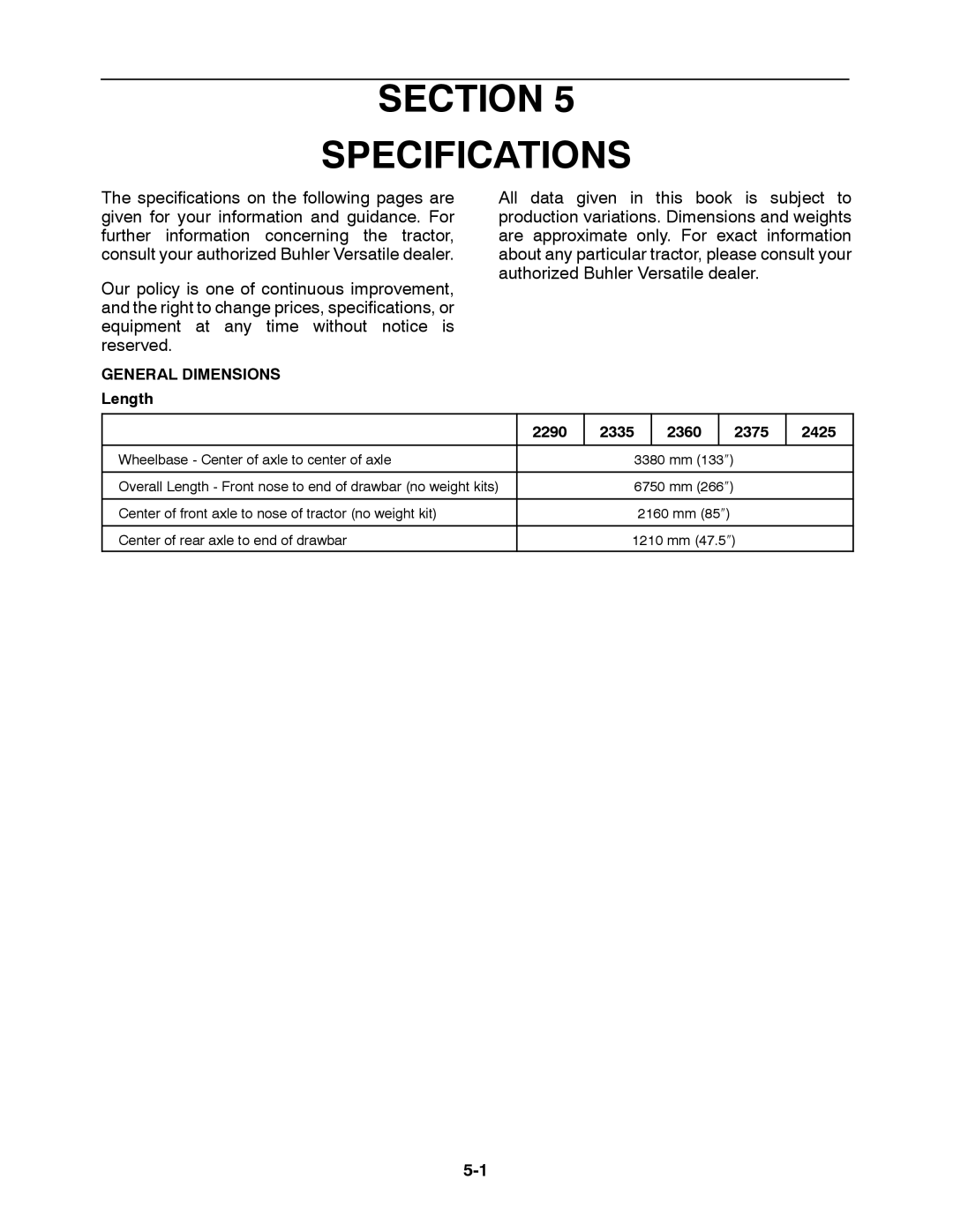 Buhler 2425, 2335, 2290, 2375, 2360 manual Section Specifications 