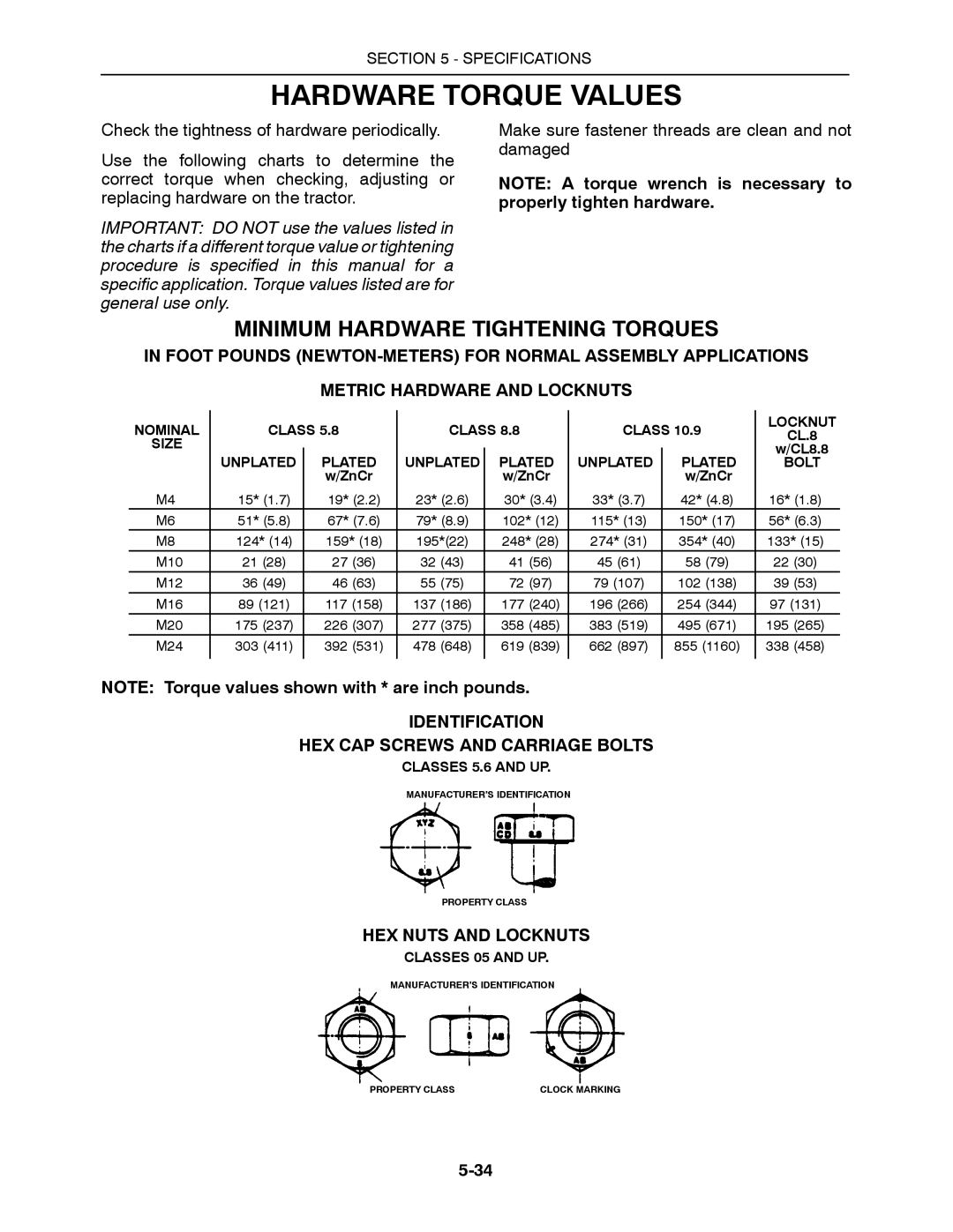 Buhler 2360 Hardware Torque Values, Minimum Hardware Tightening Torques, Identification HEX CAP Screws and Carriage Bolts 