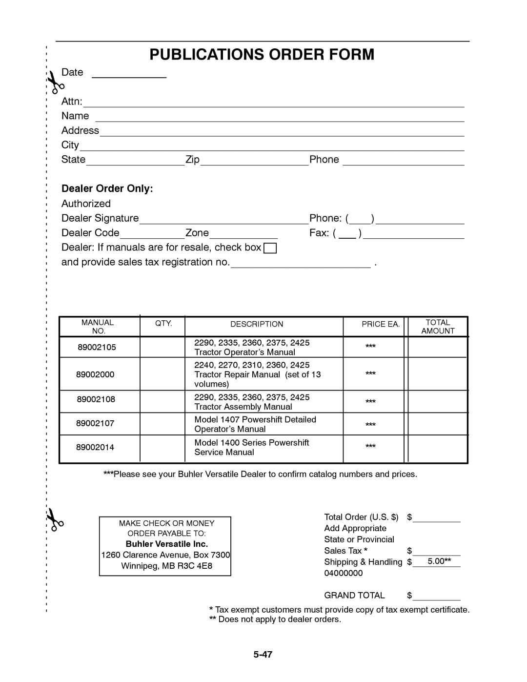 Buhler 2290, 2335, 2425, 2375, 2360 manual Publications Order Form, Dealer Order Only 