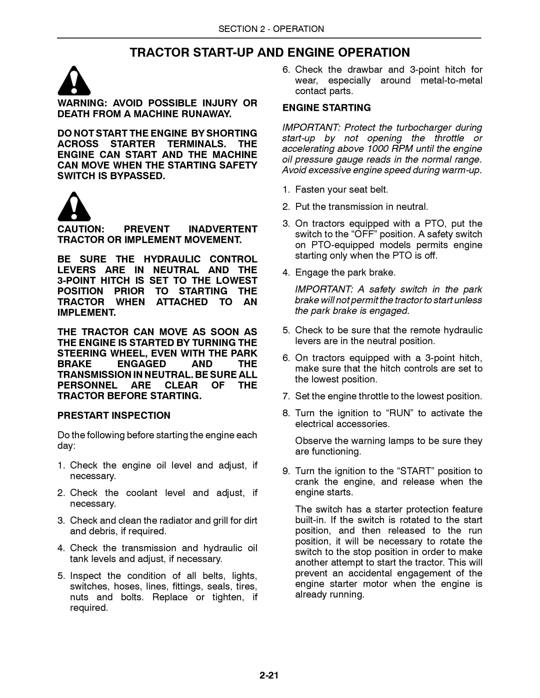 Buhler 2360, 2335, 2425, 2290, 2375 manual Tractor START-UP and Engine Operation, Engine Starting 