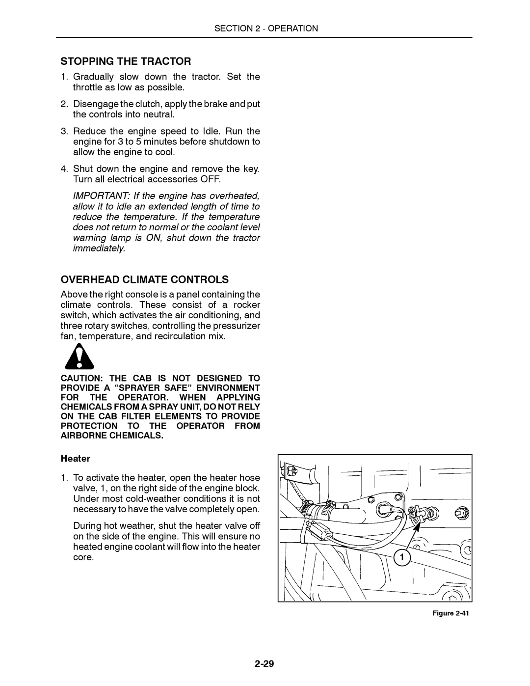 Buhler 2290, 2335, 2425, 2375, 2360 manual Stopping the Tractor, Overhead Climate Controls, Heater 