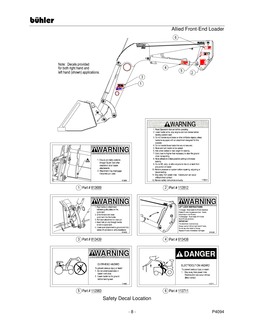 Buhler 2595, 2596 manual Allied Front-End Loader Safety Decal Location 