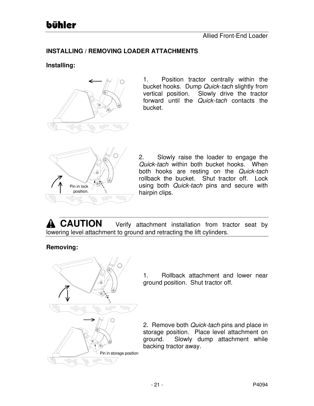 Buhler 2596, 2595 manual Installing / Removing Loader Attachments 