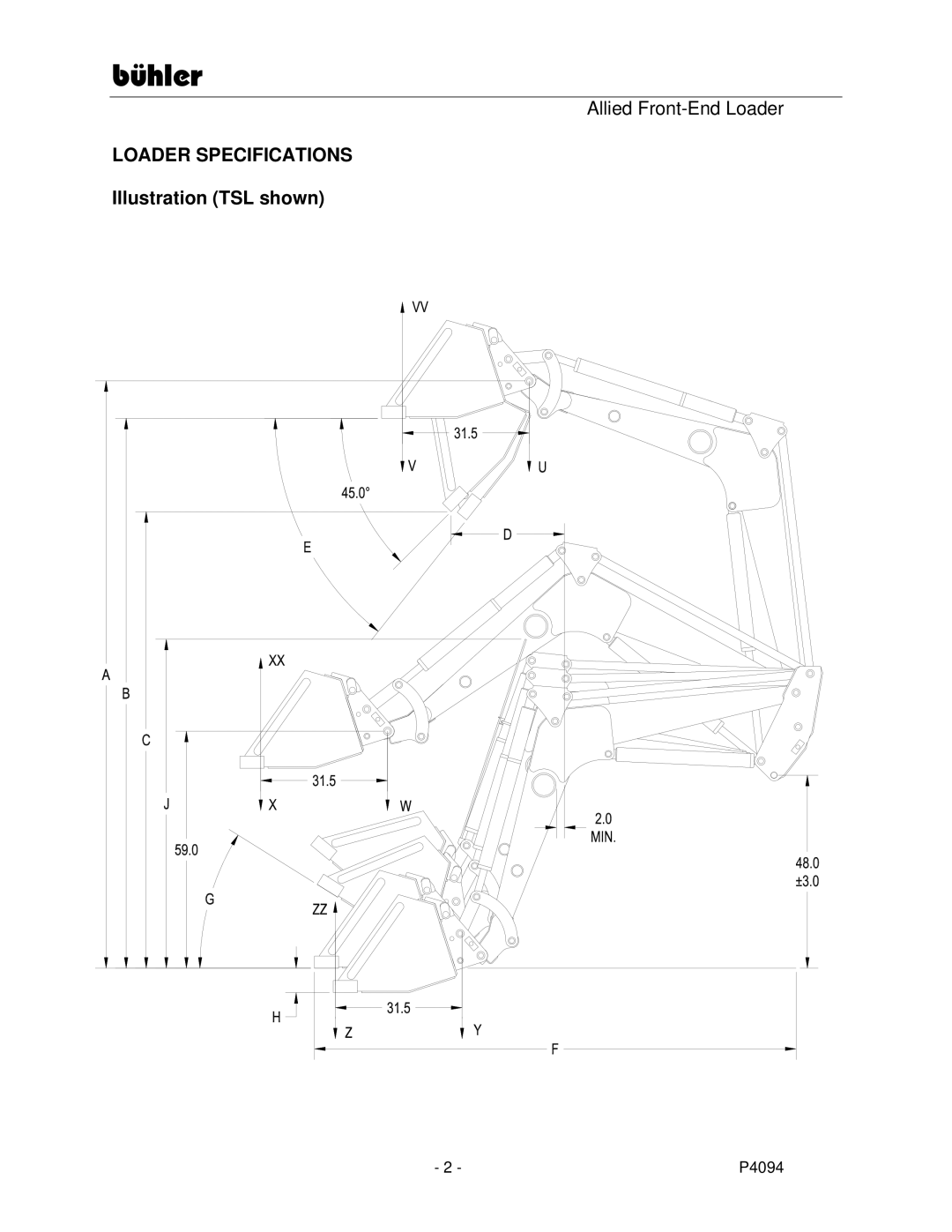 Buhler 2595, 2596 manual Loader Specifications, Illustration TSL shown 