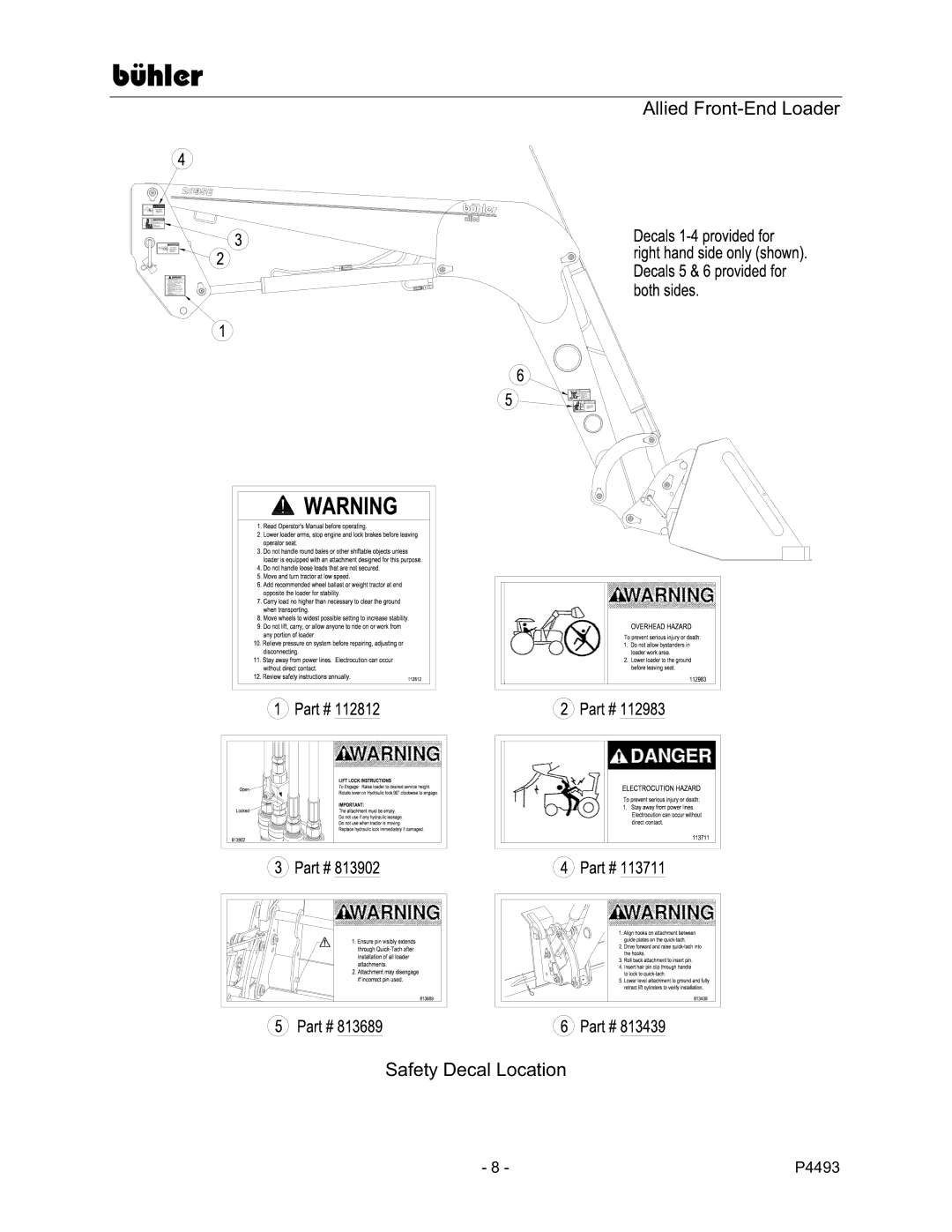 Buhler 2895E manual Allied Front-End Loader Safety Decal Location 