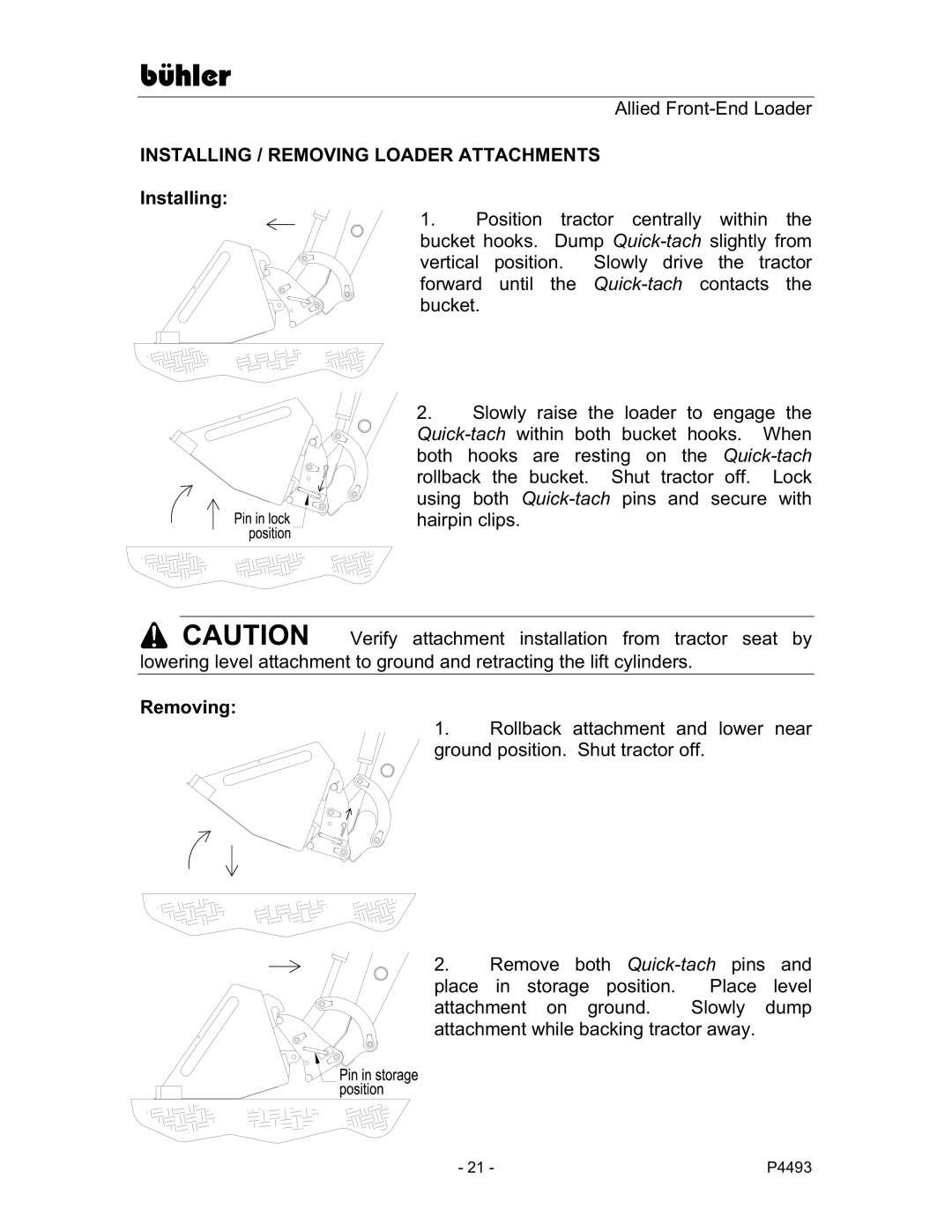 Buhler 2895E manual Installing / Removing Loader Attachments 