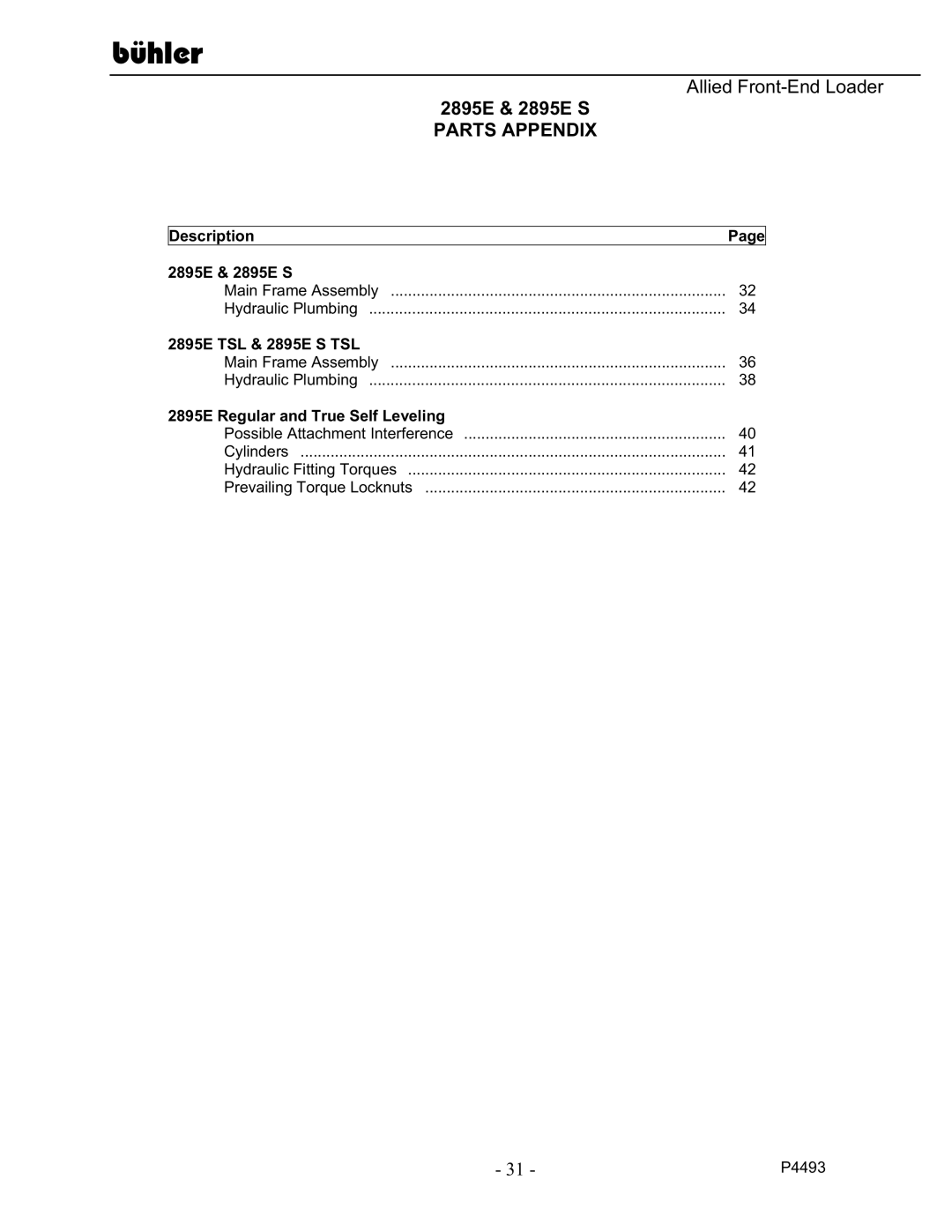 Buhler manual 2895E & 2895E S Parts Appendix, 2895E Regular and True Self Leveling 