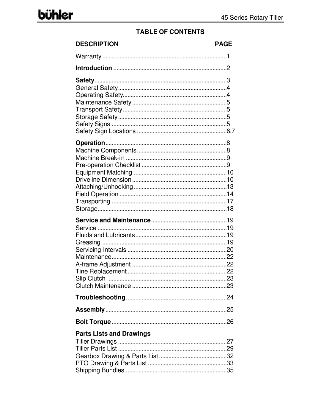 Buhler 45 Series warranty Table of Contents Description 