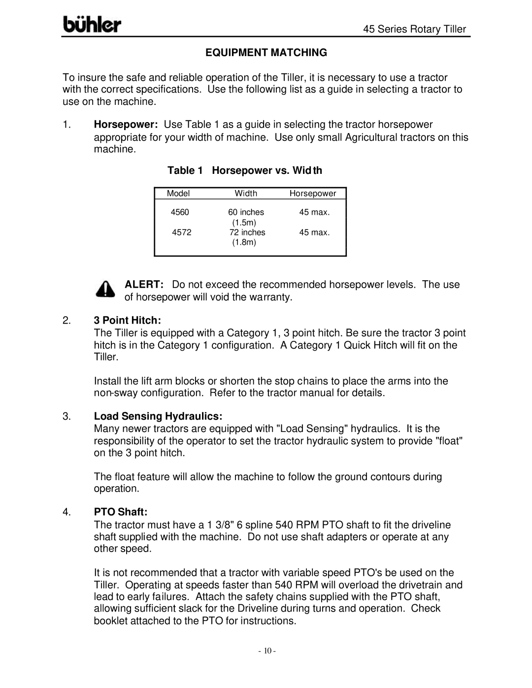 Buhler 45 Series warranty Equipment Matching, Horsepower vs. Wid th, Point Hitch, Load Sensing Hydraulics, PTO Shaft 