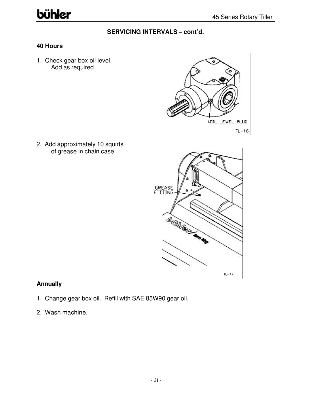 Buhler 45 Series warranty Servicing Intervals cont’d Hours, Annually 