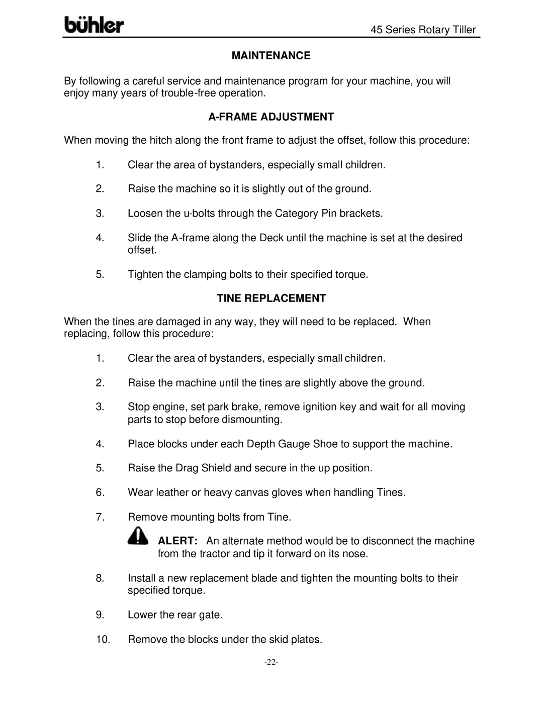 Buhler 45 Series warranty Maintenance, Frame Adjustment, Tine Replacement 
