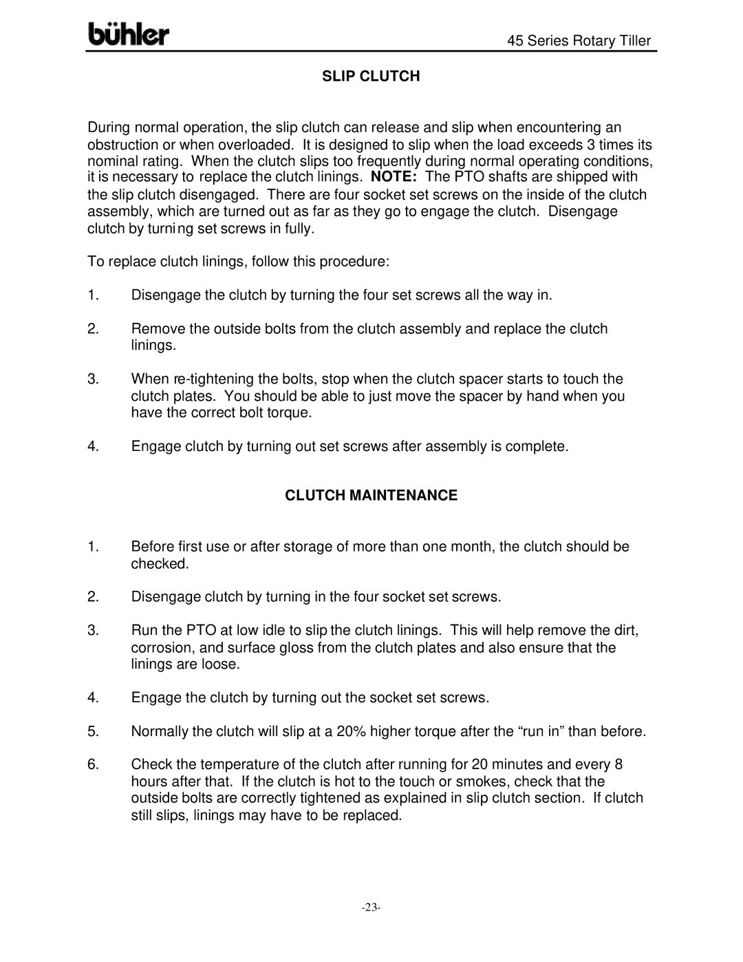 Buhler 45 Series warranty Slip Clutch, Clutch Maintenance 