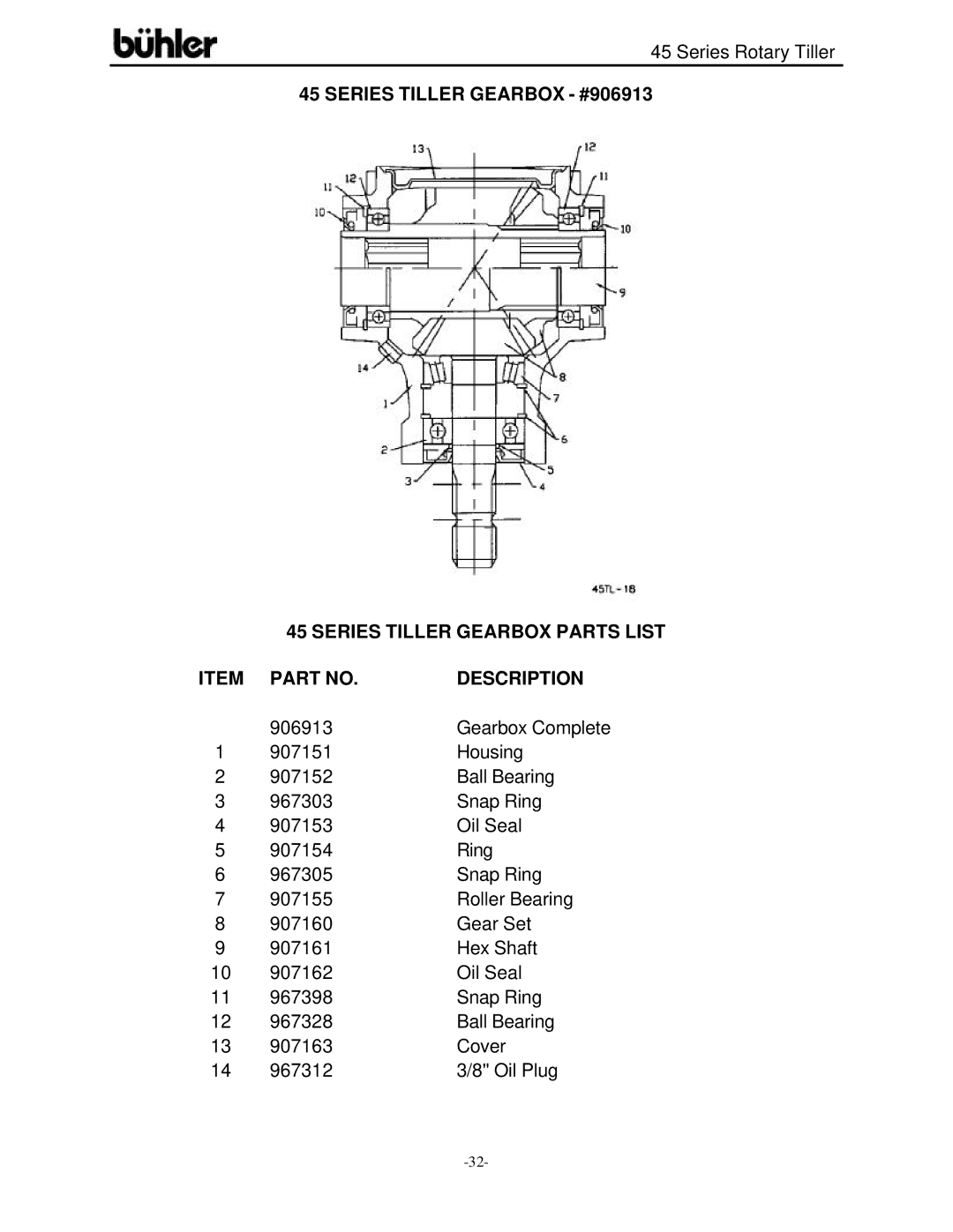 Buhler 45 Series warranty Series Tiller Gearbox #906913, Description 