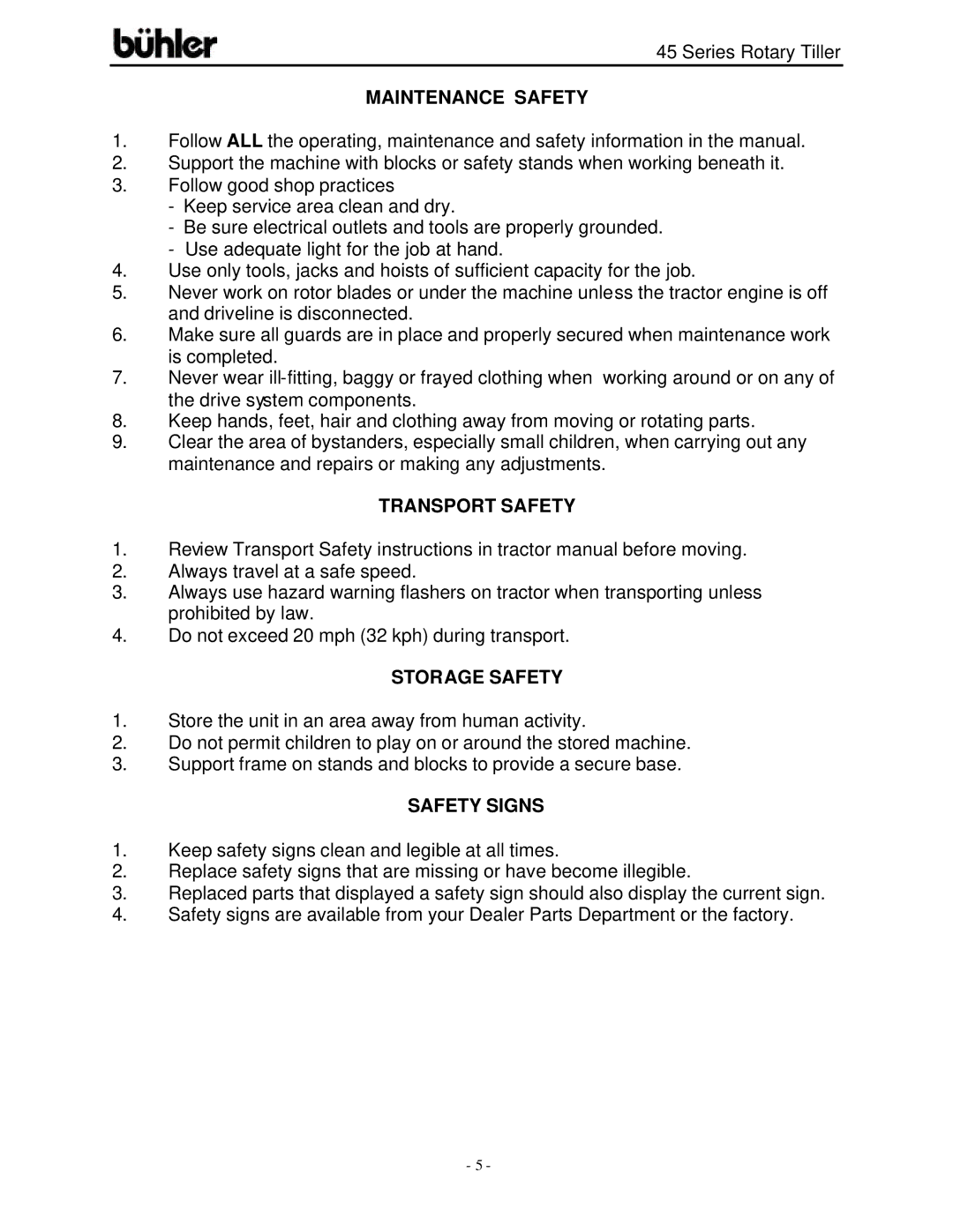 Buhler 45 Series warranty Maintenance Safety, Transport Safety, Storage Safety, Safety Signs 