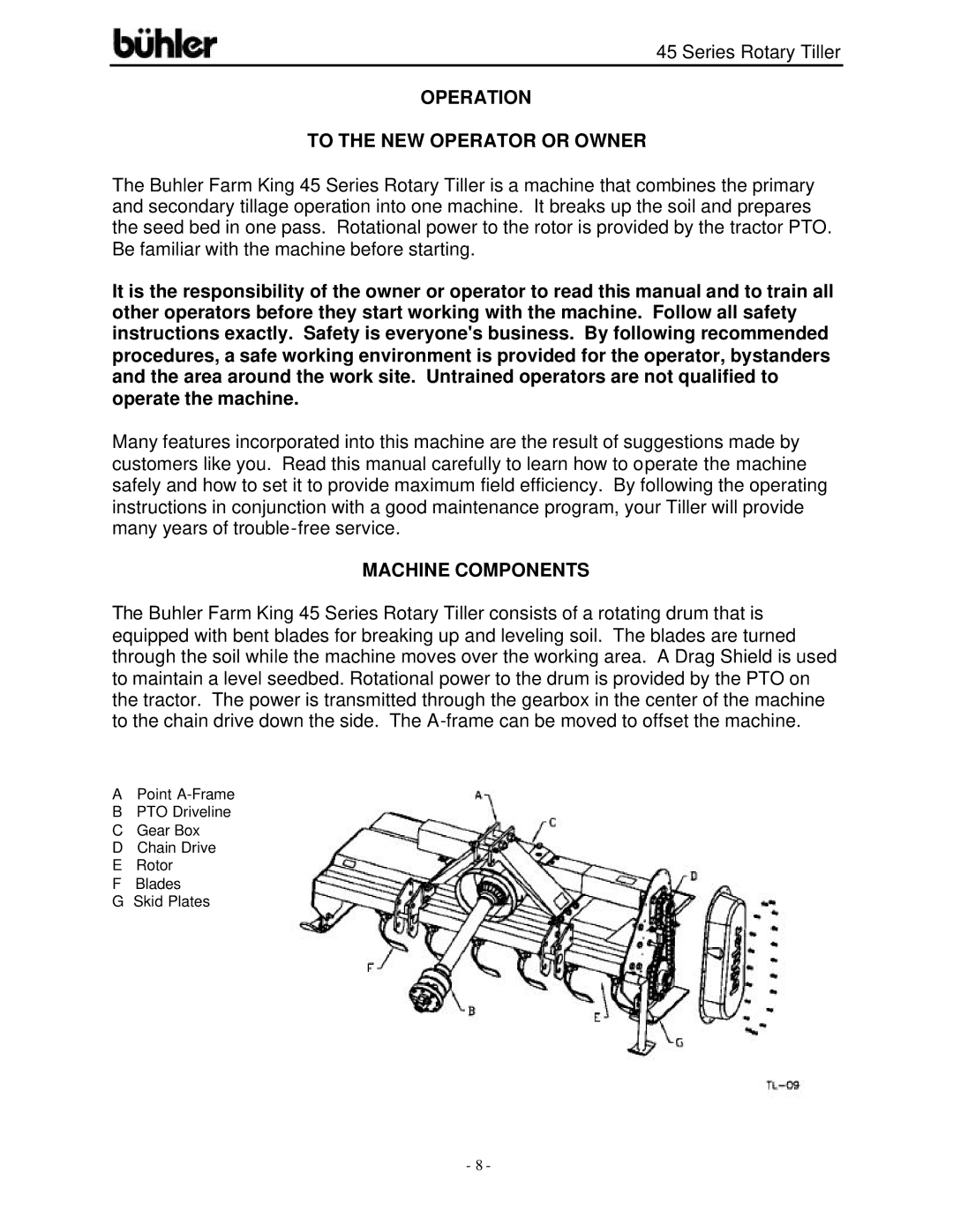 Buhler 45 Series warranty Operation To the NEW Operator or Owner, Machine Components 