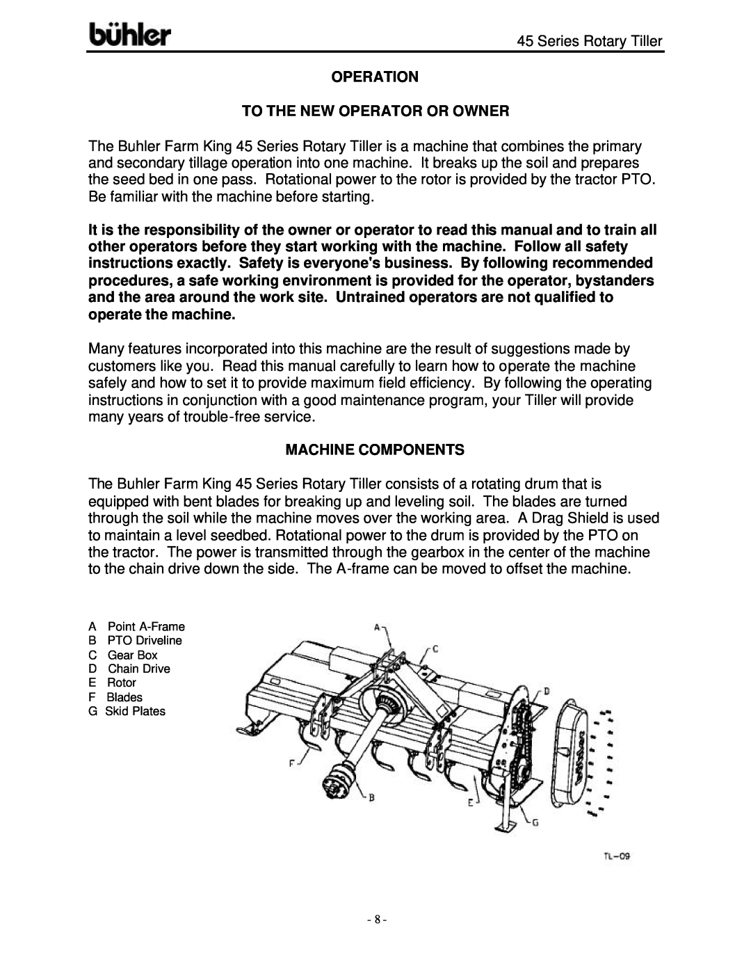 Buhler 45 Series warranty Operation To The New Operator Or Owner, Machine Components 