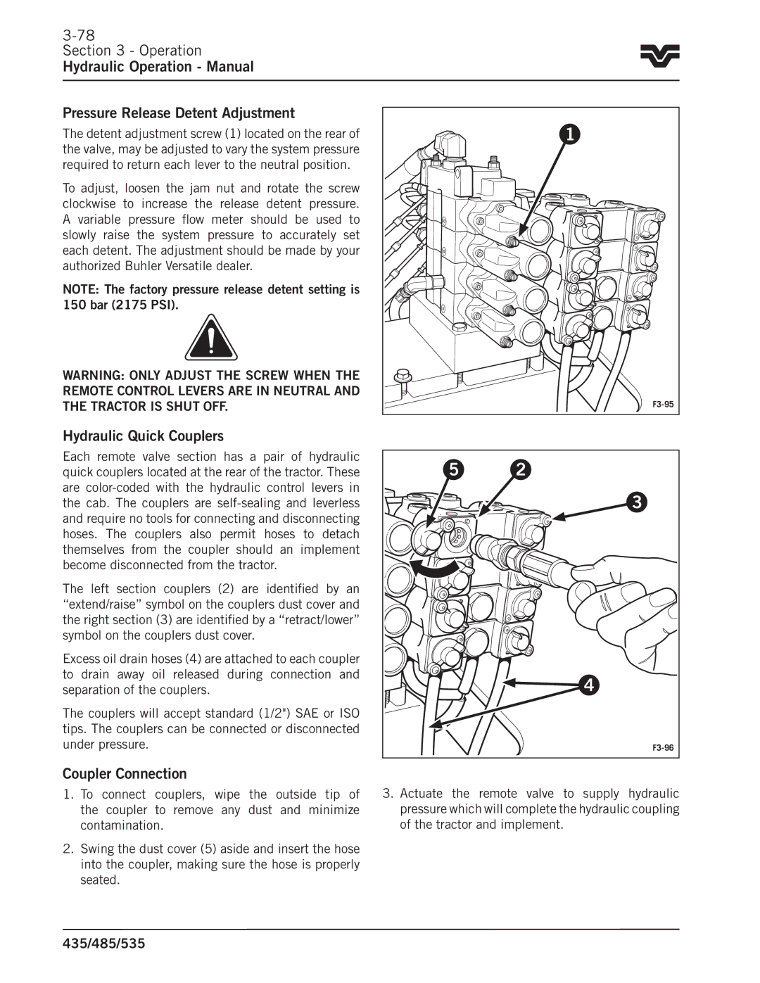 Buhler 435, 485, 535 manual Operation Pressure Release Detent Adjustment, Coupler Connection 