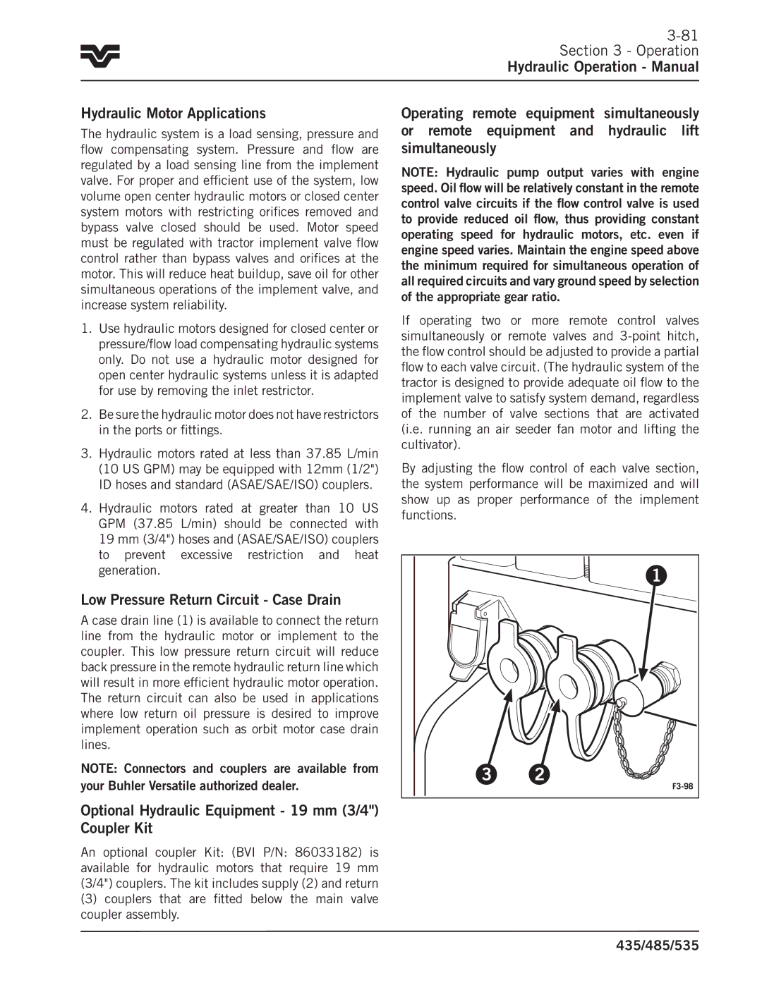 Buhler 435, 485, 535 manual Hydraulic Motor Applications, Low Pressure Return Circuit Case Drain 