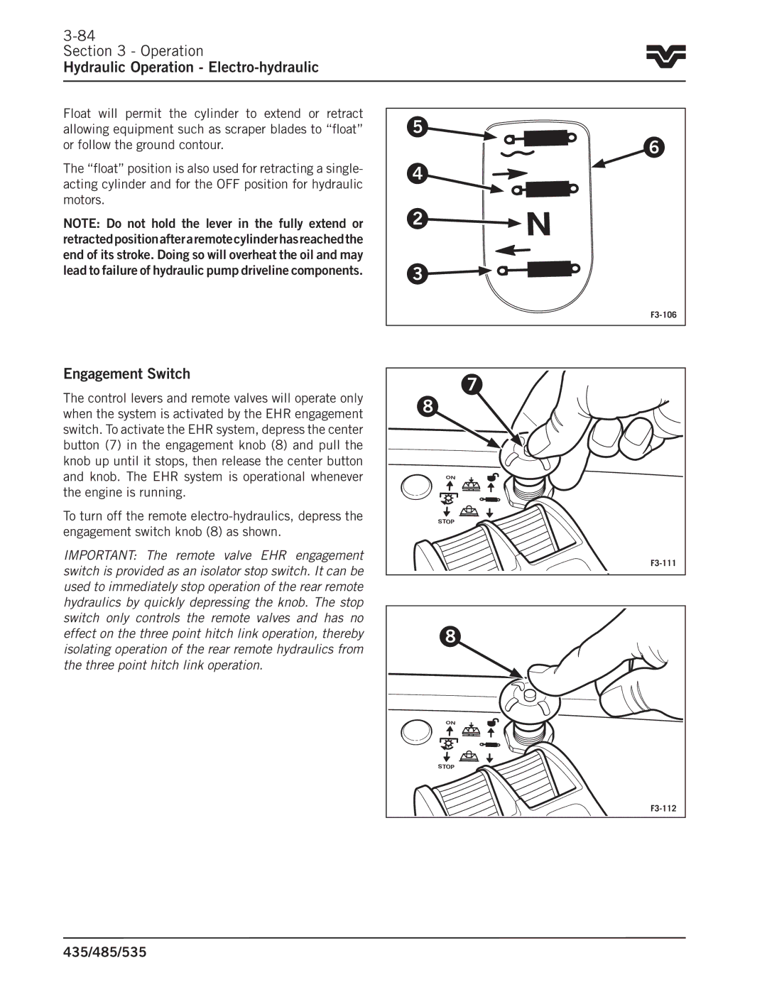 Buhler 435, 485, 535 manual Operation Hydraulic Operation Electro-hydraulic, Engagement Switch 