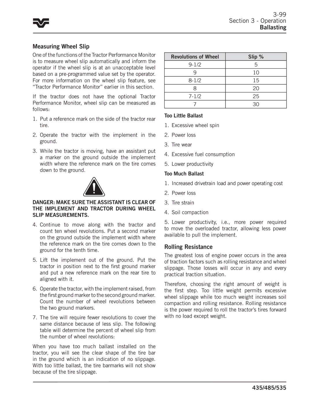 Buhler 435, 485, 535 manual Operation Ballasting Measuring Wheel Slip, Rolling Resistance 