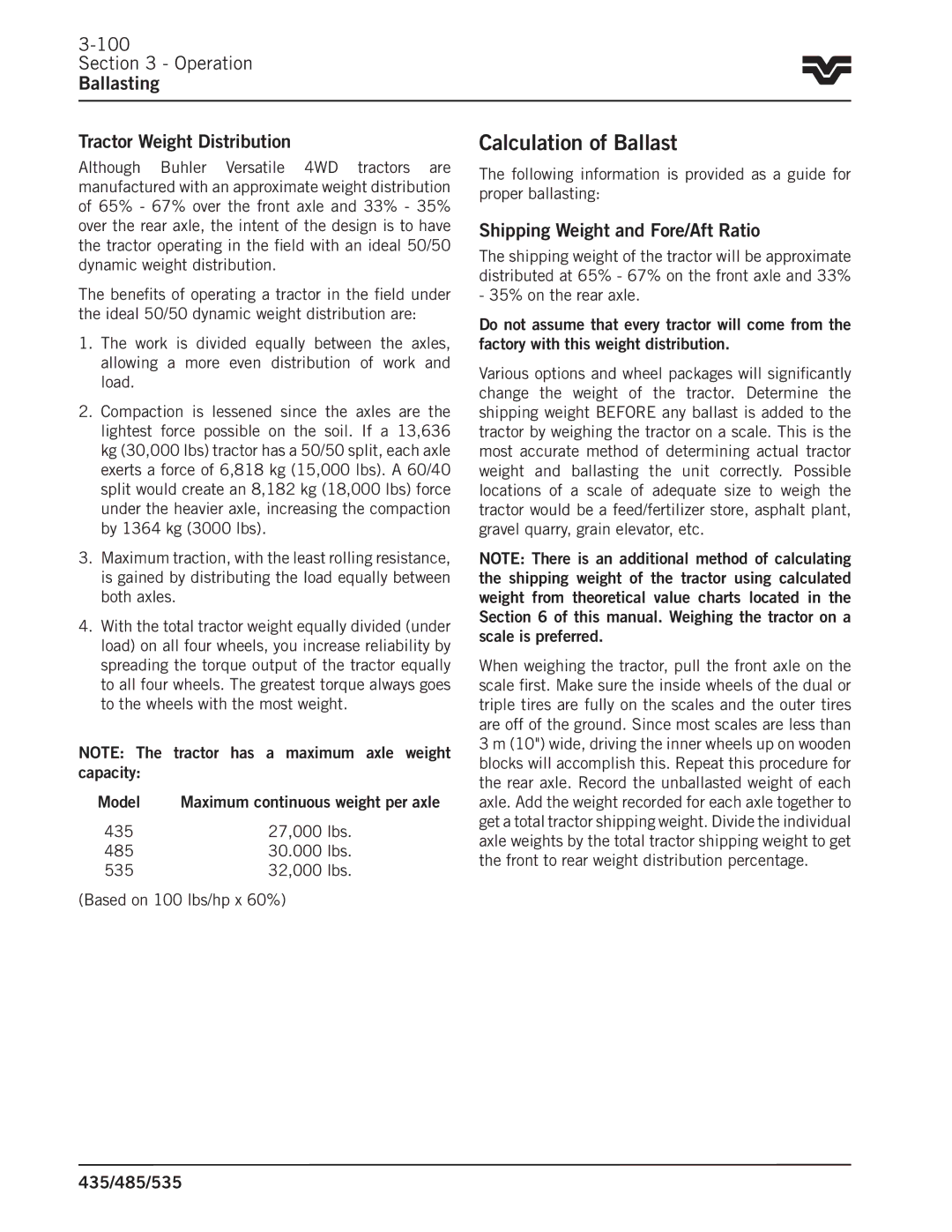 Buhler 485 Calculation of Ballast, Operation Ballasting Tractor Weight Distribution, Shipping Weight and Fore/Aft Ratio 