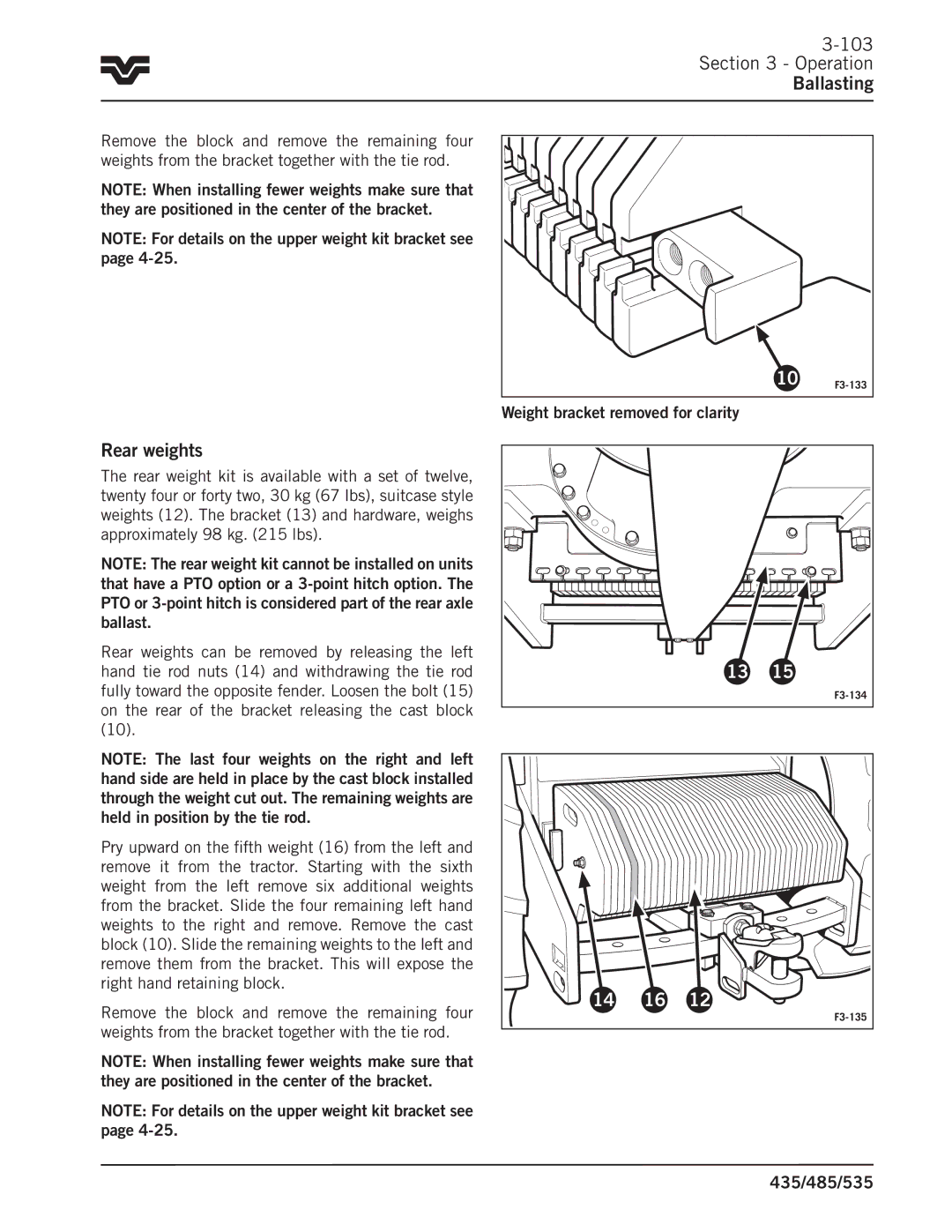 Buhler 485, 535, 435 manual Rear weights, Weight bracket removed for clarity 