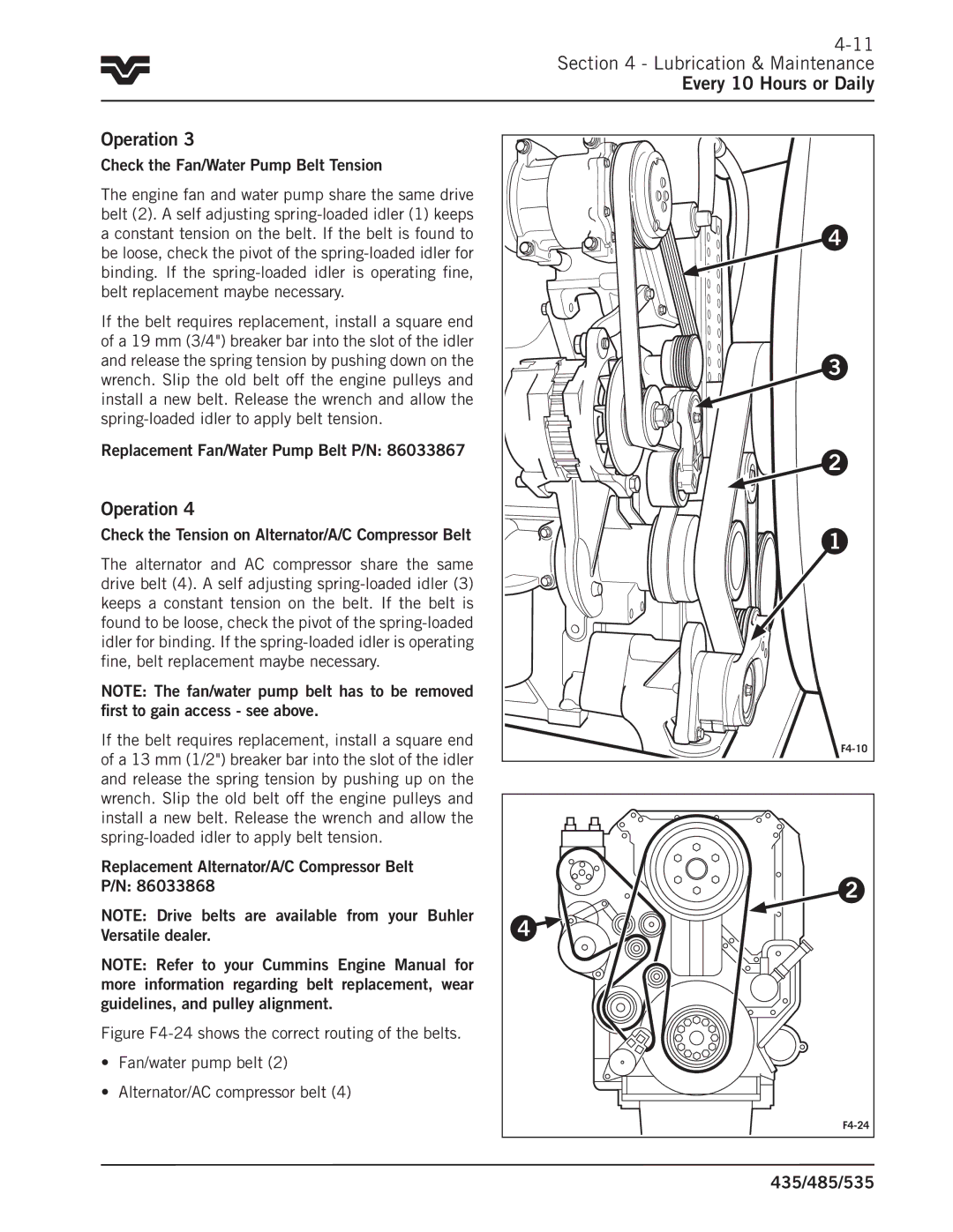 Buhler 485, 535, 435 Lubrication & Maintenance Every 10 Hours or Daily Operation, Check the Fan/Water Pump Belt Tension 