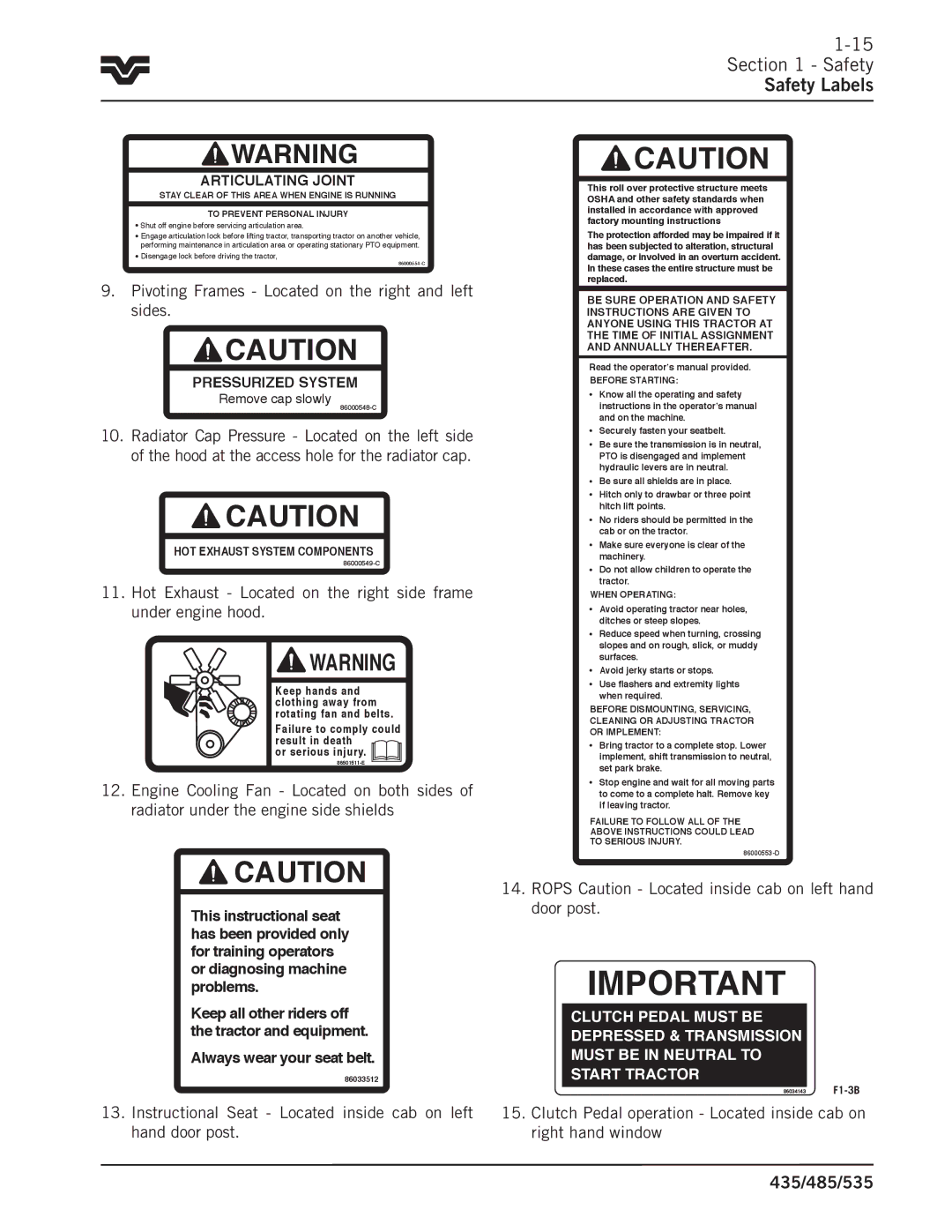 Buhler 535, 485, 435 manual Rops Caution Located inside cab on left hand door post, Before Starting 