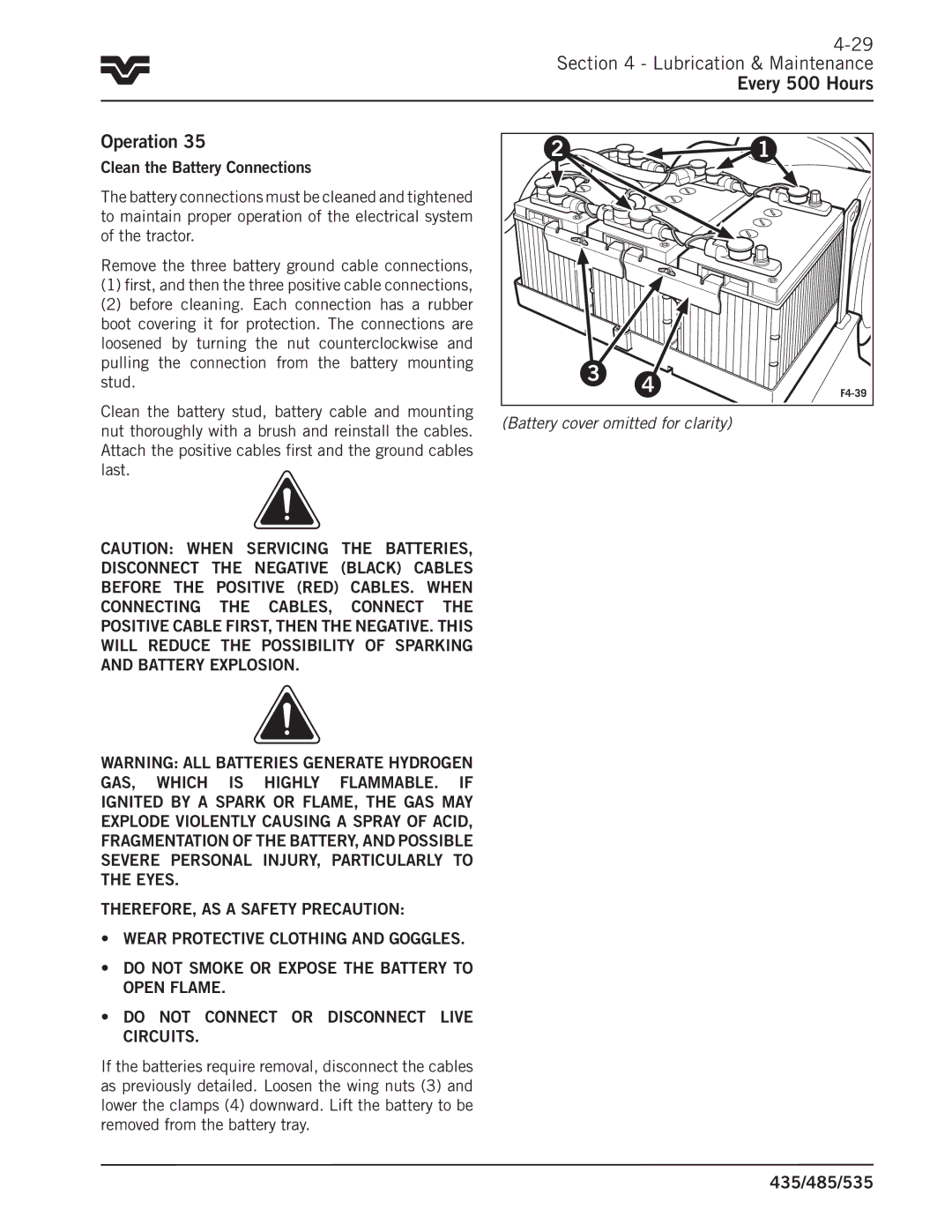 Buhler 485, 535, 435 manual Lubrication & Maintenance Every 500 Hours Operation, Battery cover omitted for clarity 