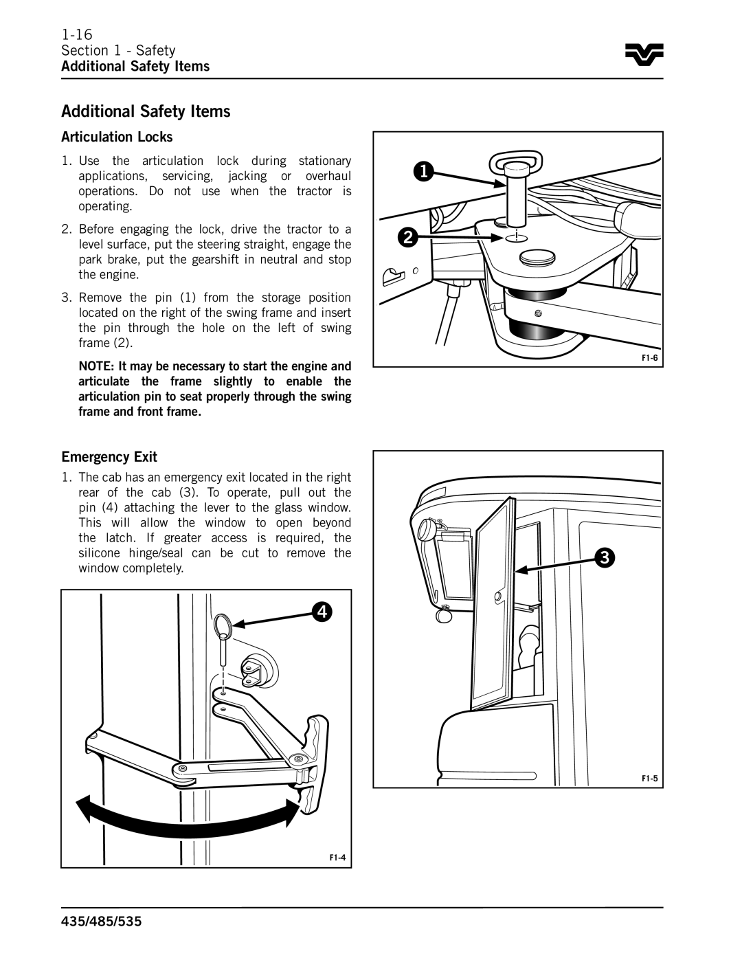 Buhler 435, 485, 535 manual Safety Additional Safety Items, Articulation Locks, Emergency Exit 