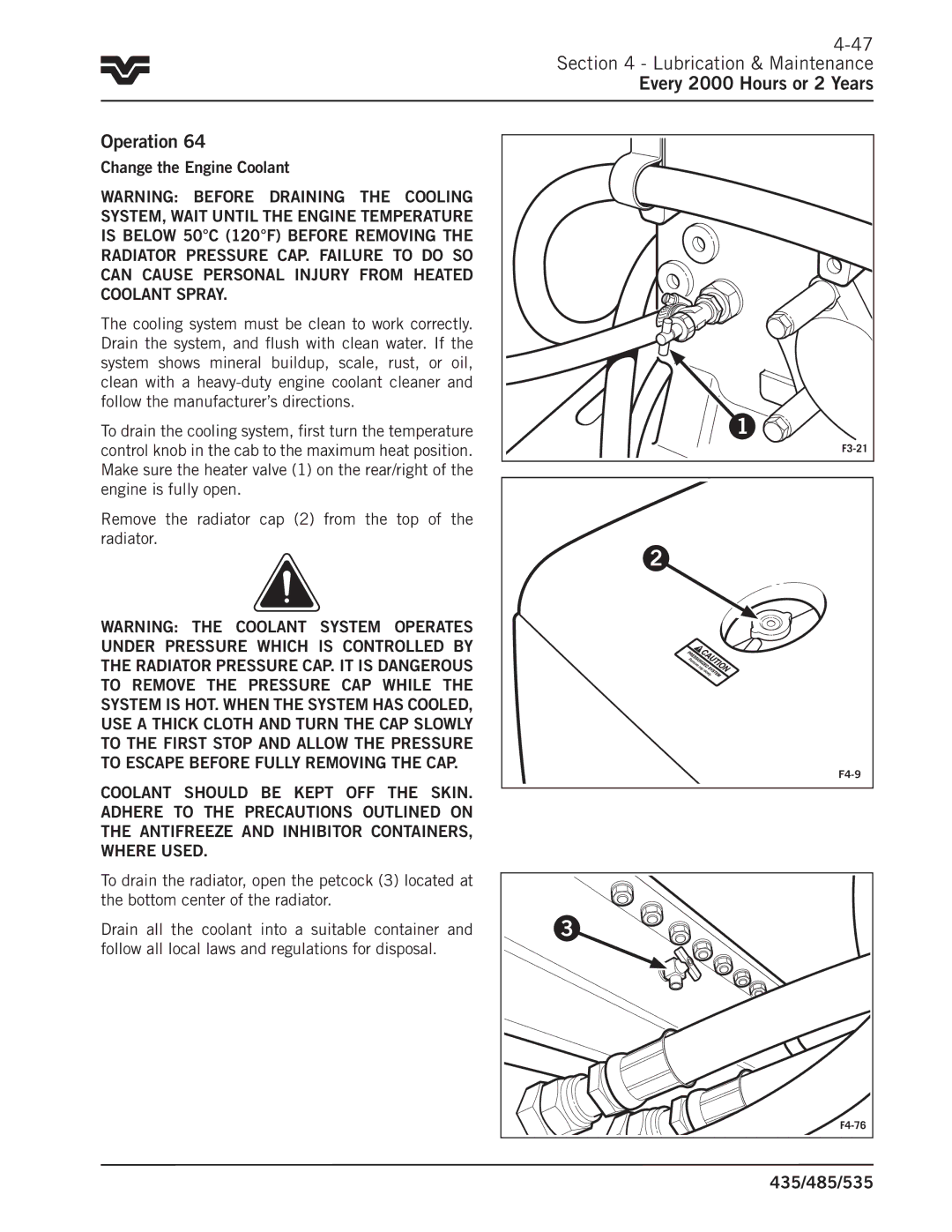 Buhler 485, 535, 435 manual Remove the radiator cap 2 from the top of the radiator 