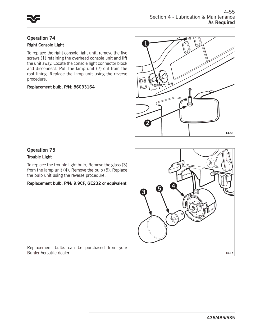 Buhler 435, 485, 535 manual Lubrication & Maintenance, Right Console Light, Trouble Light 