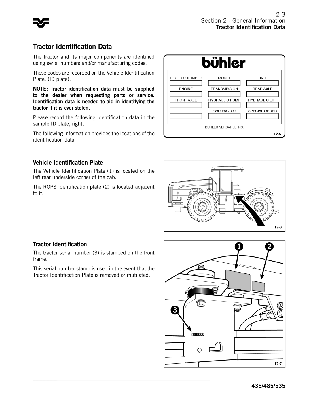 Buhler 535, 485, 435 manual General Information Tractor Identification Data, Vehicle Identification Plate 