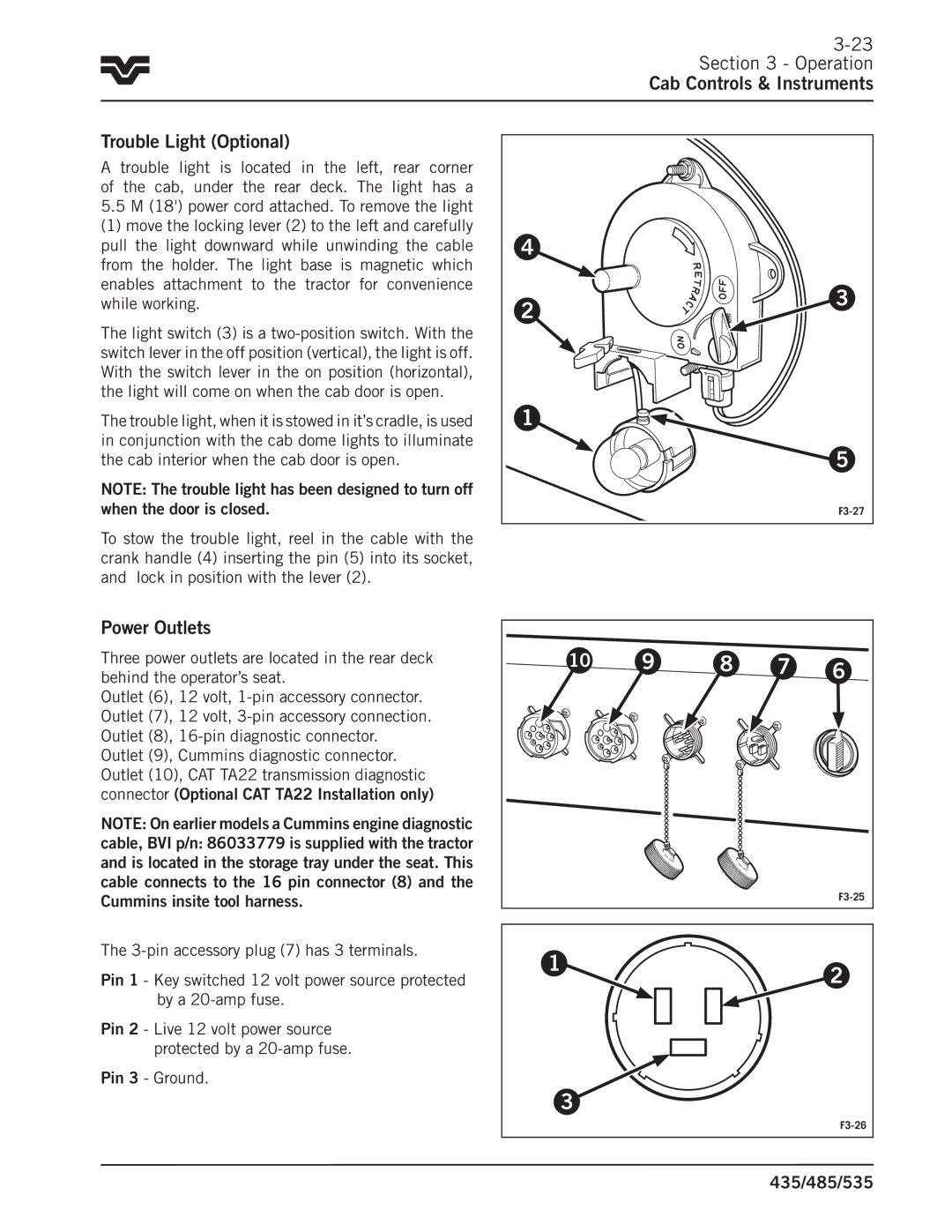 Buhler 535, 485, 435 manual Operation Cab Controls & Instruments Trouble Light Optional, Power Outlets, Pin 3 Ground 