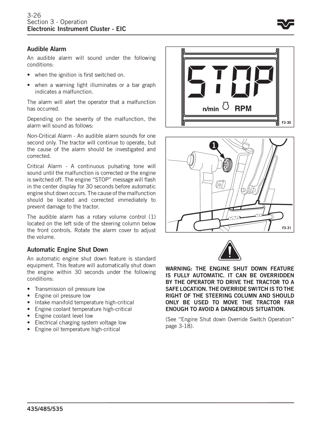 Buhler 535, 485, 435 manual Operation Electronic Instrument Cluster EIC Audible Alarm, Automatic Engine Shut Down 