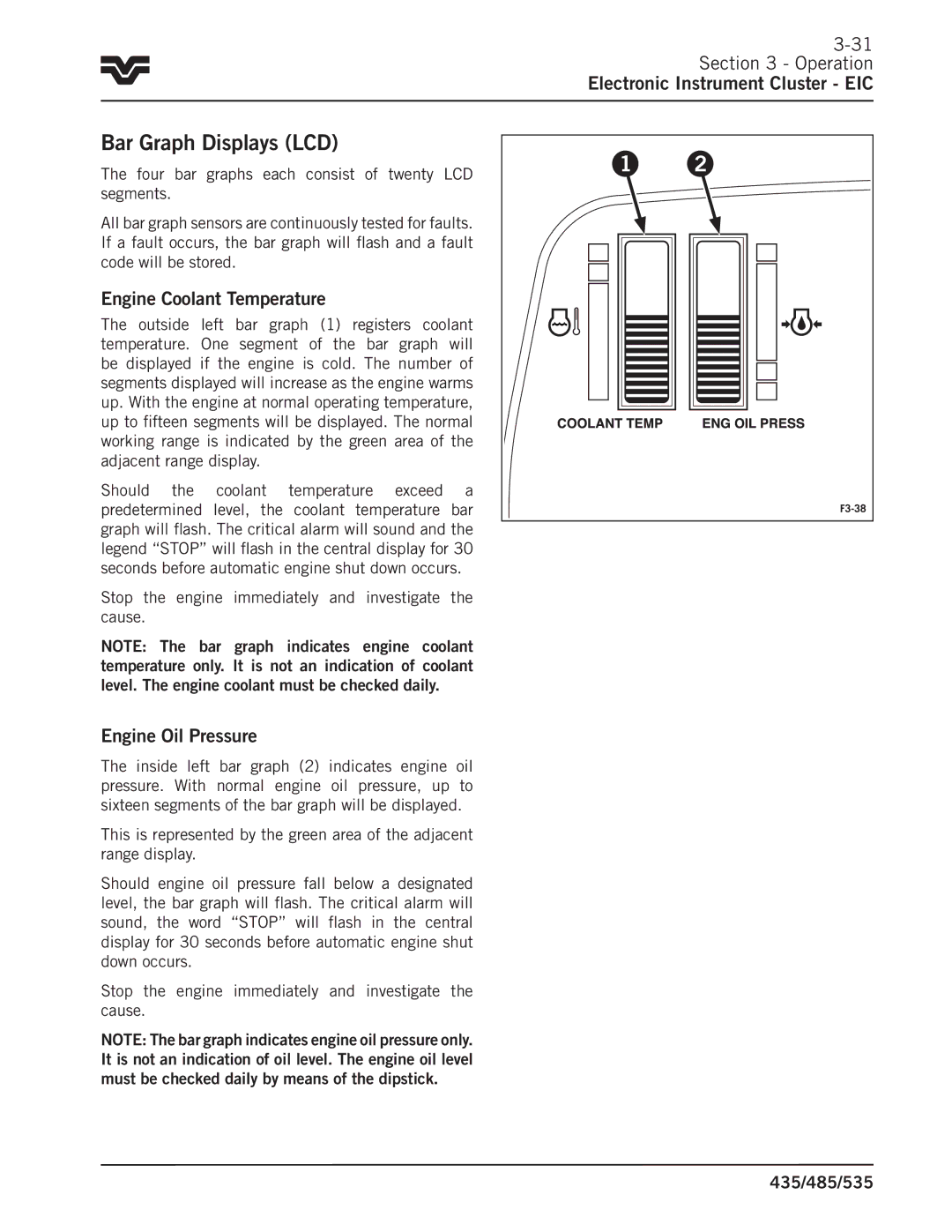 Buhler 485, 535, 435 manual Bar Graph Displays LCD, Engine Coolant Temperature, Engine Oil Pressure 