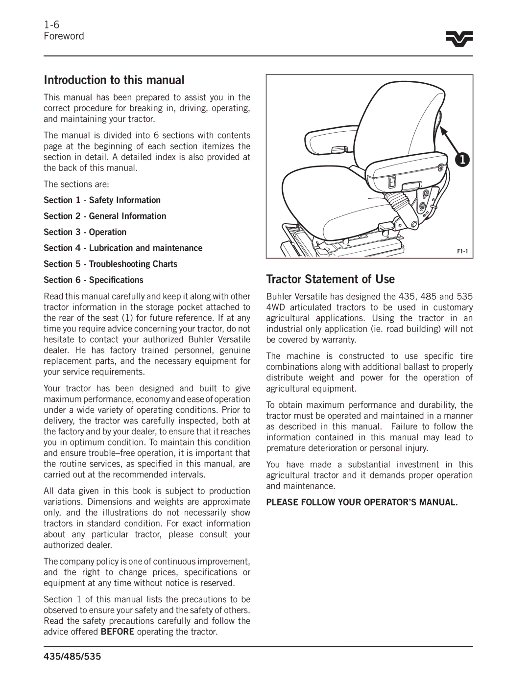 Buhler 535, 485, 435 Introduction to this manual, Tractor Statement of Use 