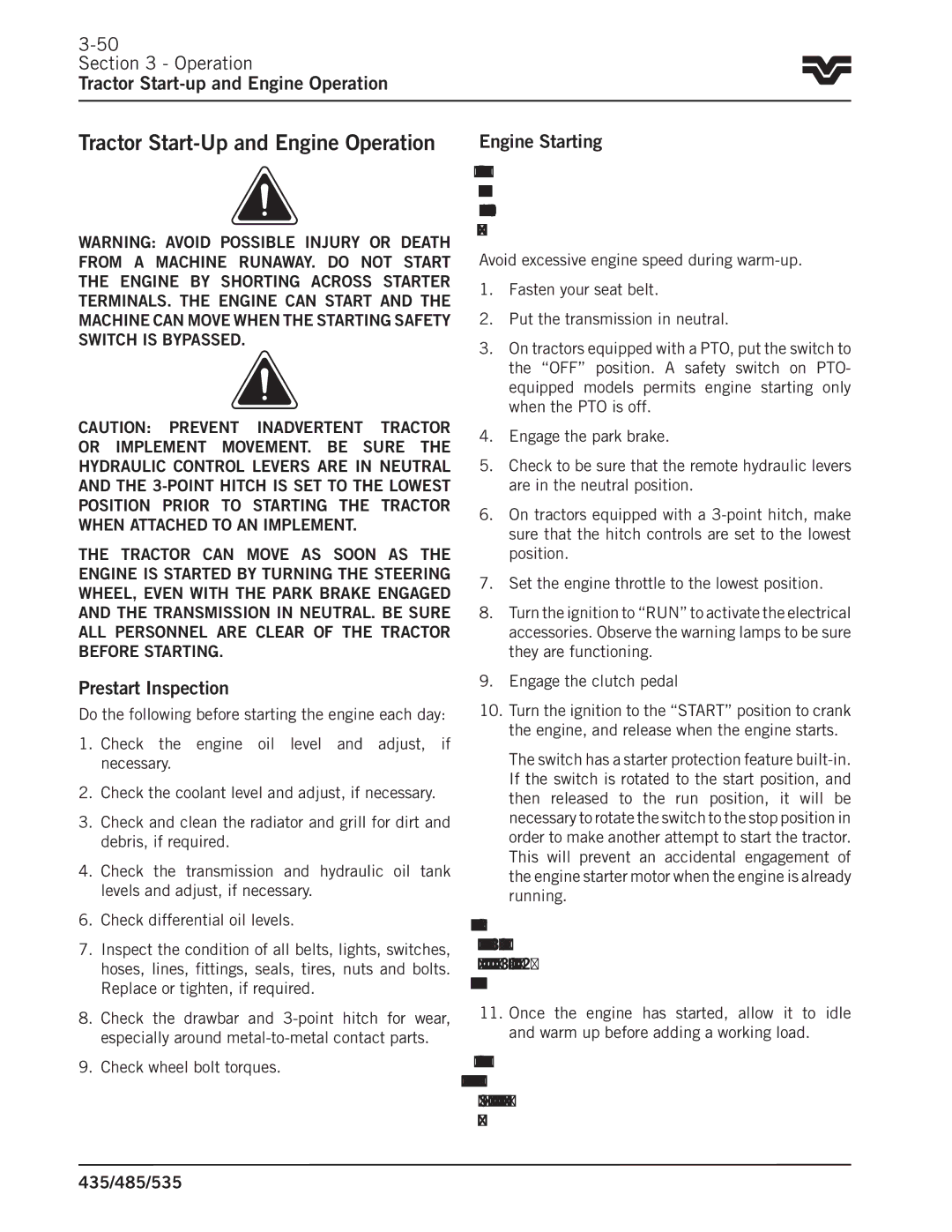 Buhler 535, 485, 435 manual Tractor Start-Up and Engine Operation, Operation Tractor Start-up and Engine Operation 